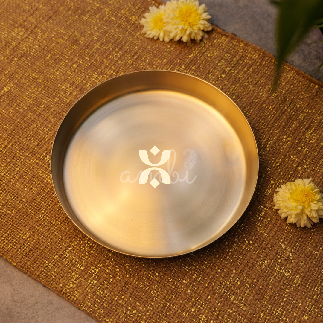 AMBI 100% Lead Free Pure Kansa Thali with laser cut design / Pooja Plate - 8 inch
