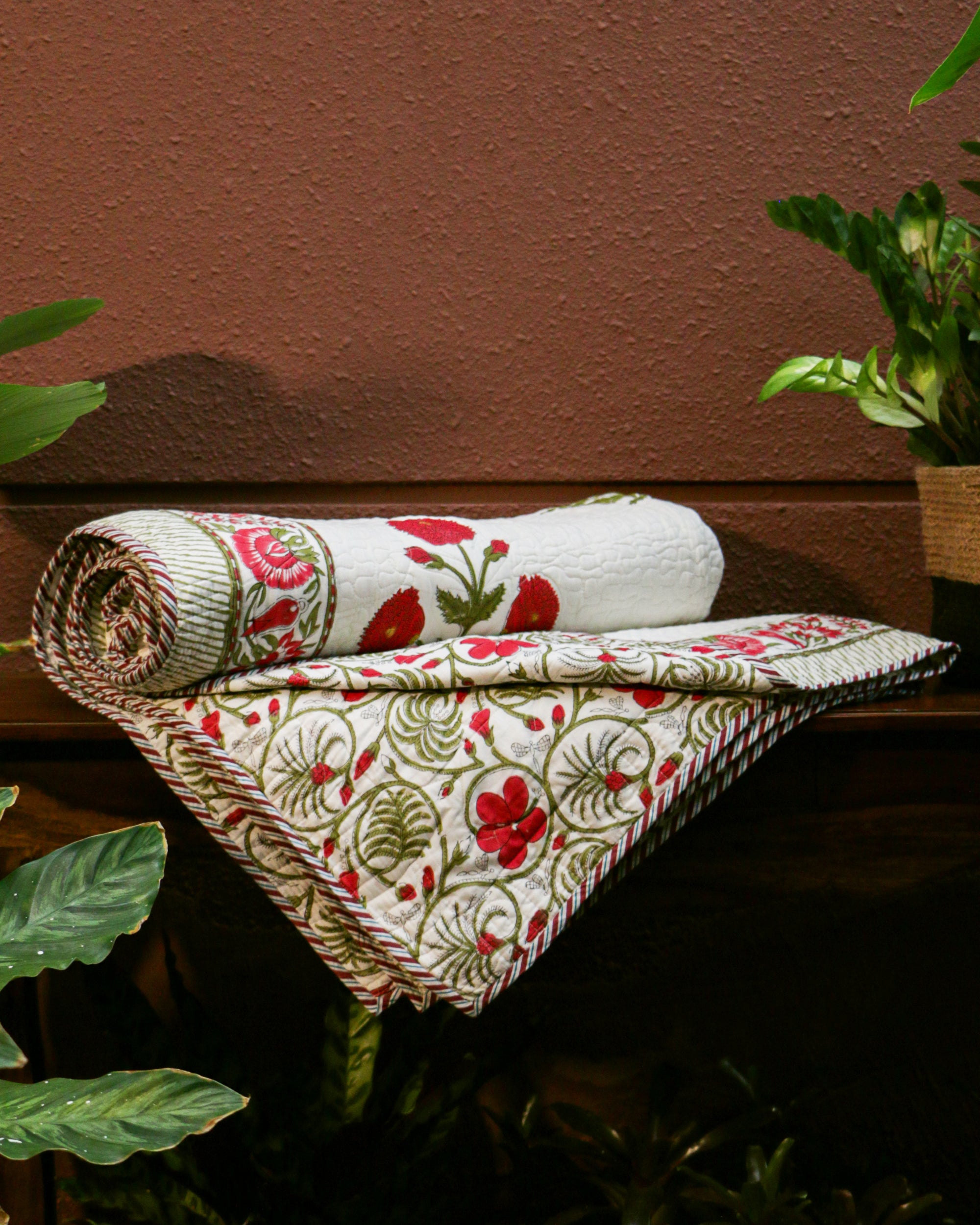 Red Floral Hand Block Printed Jaipuri Quilted Bed Cover with 2 Pillow Covers- Double - 90X108 Inches