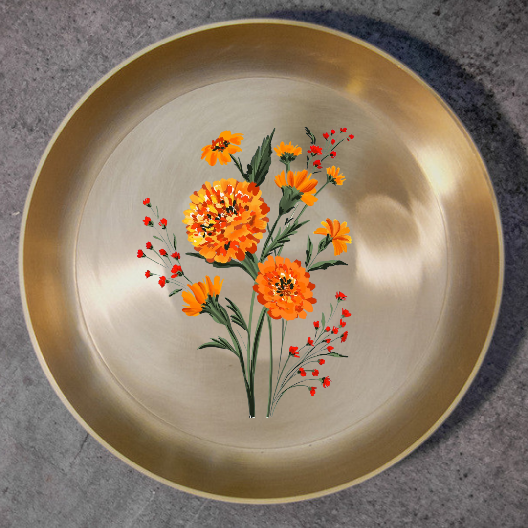 Pure 100% Lead Free Kansa Marigold Hand Painted Finish Plate 8 inch