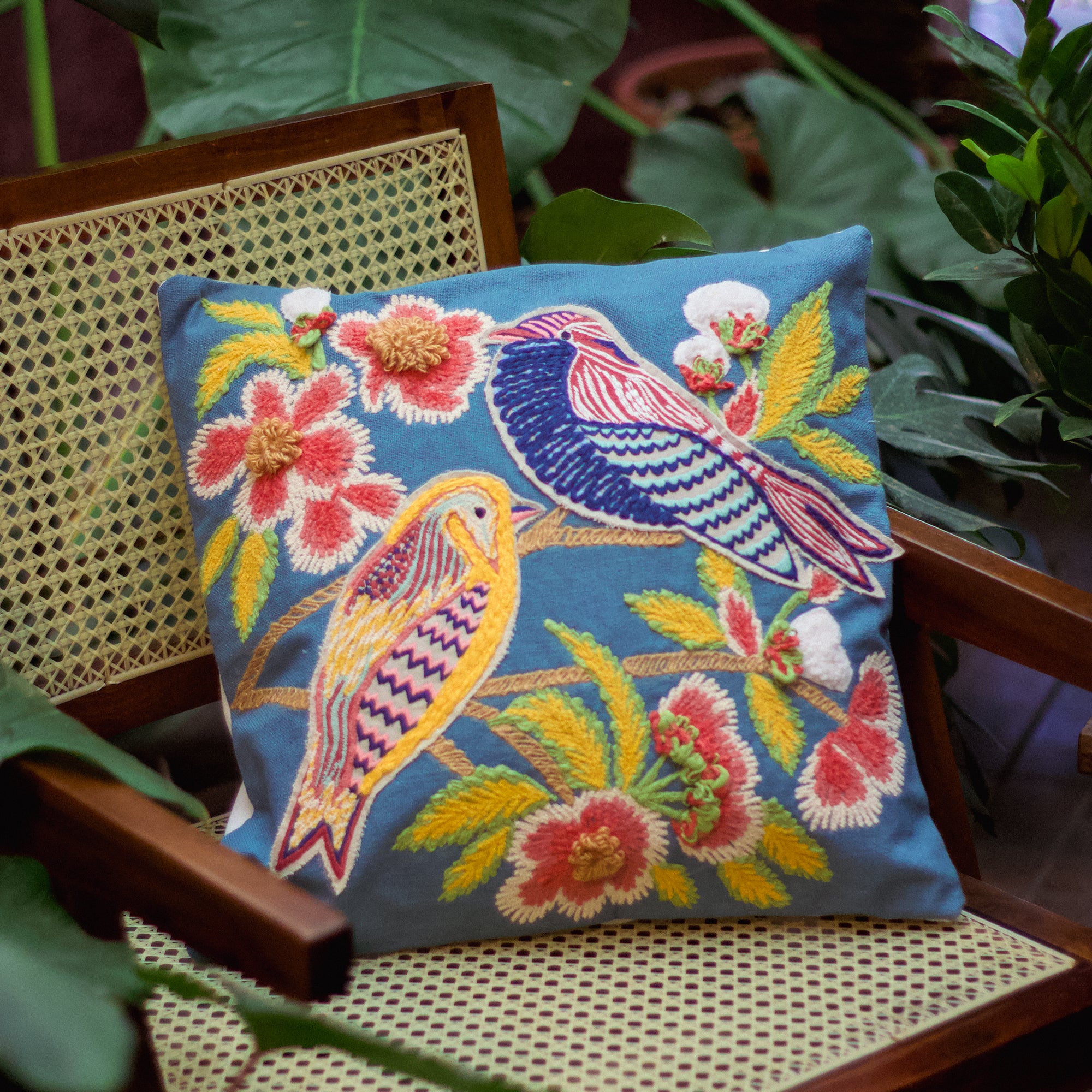 Hand-Embroidered Bird Cushion Cover - set of 2 - 16 X 16 inches