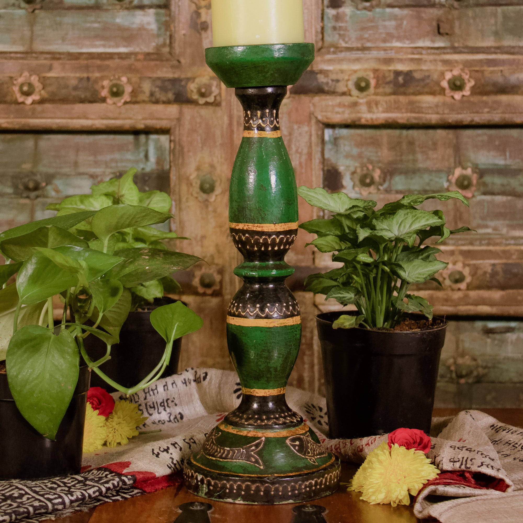 Wooden Candle Rustic Look Stand - Dark Green