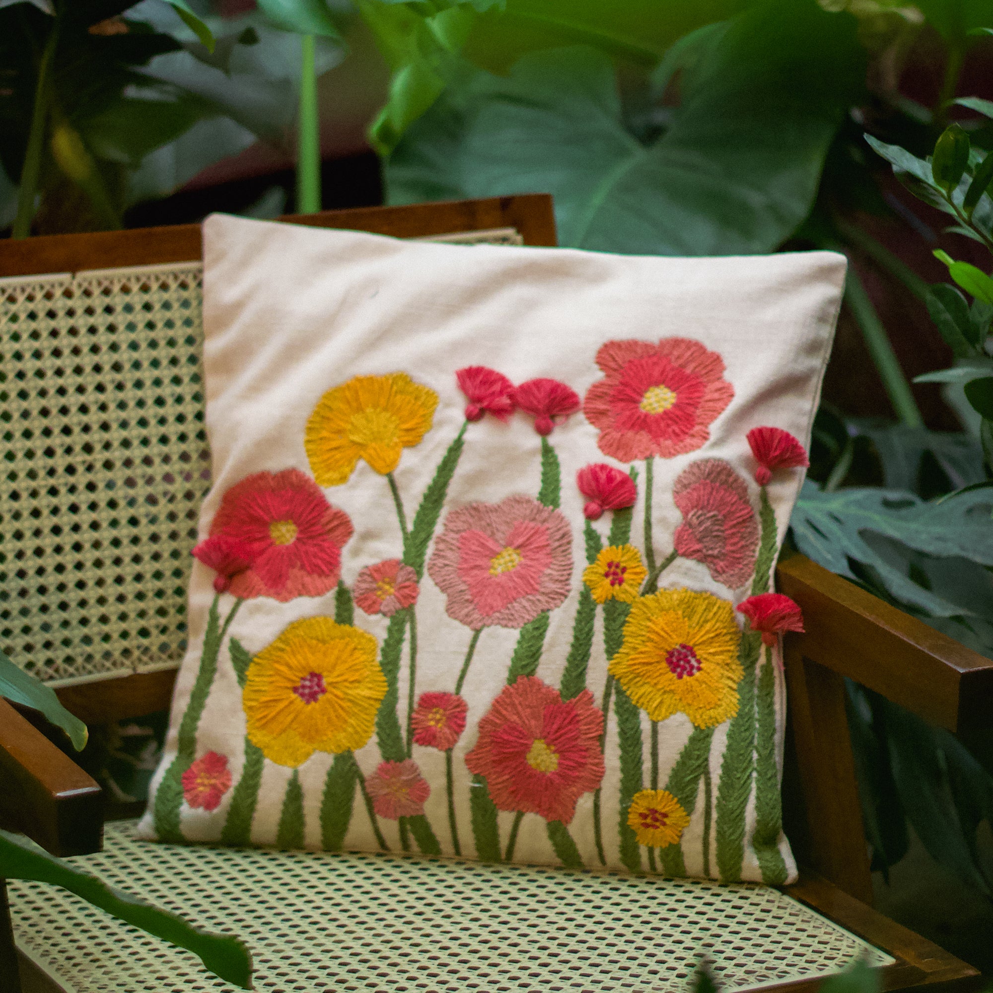 Hand-Embroidered Minimal Flower Cushion - Set of 2 - 16 X 16 inches