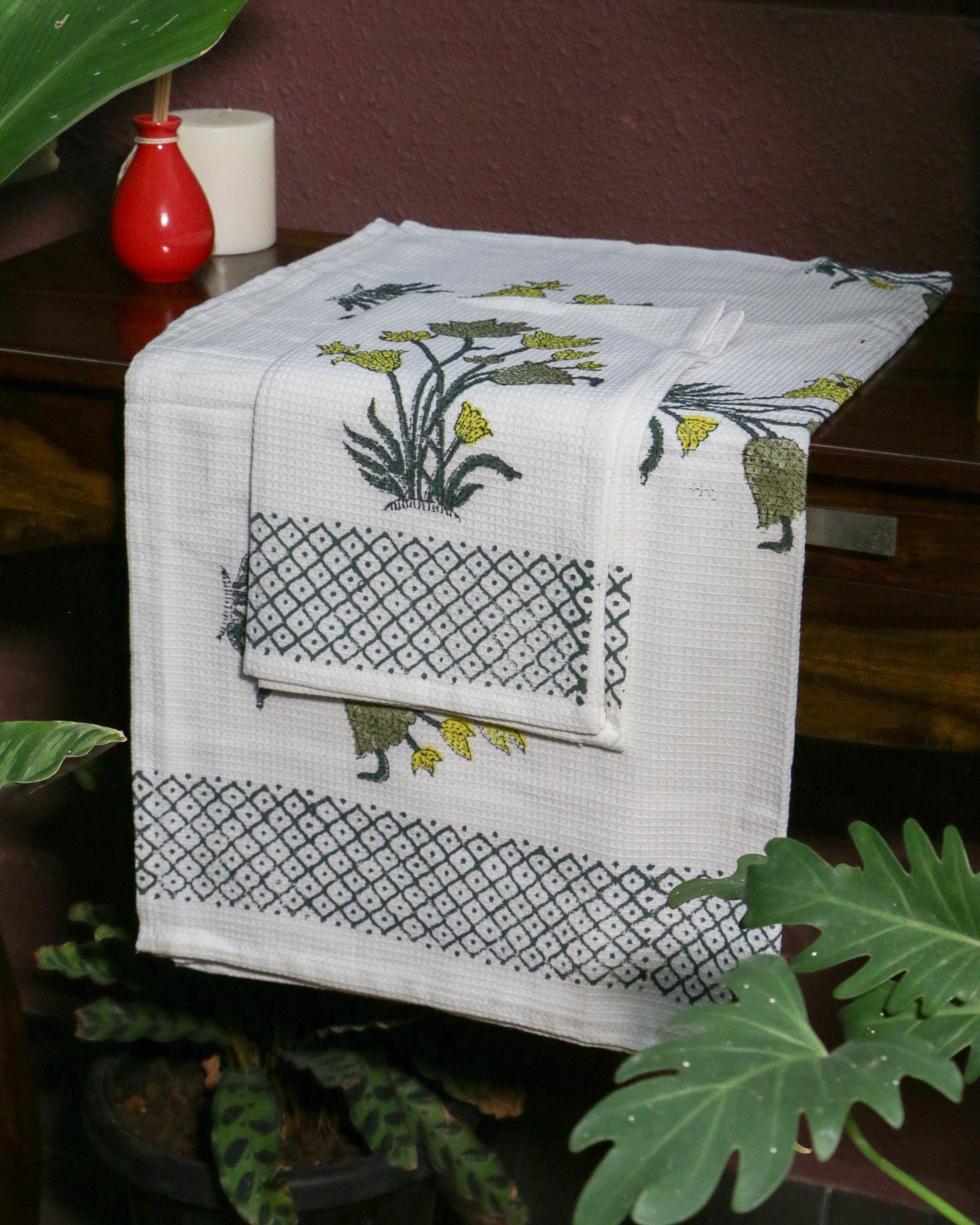 Hand Block Printed Green Flower Waffle Cotton Towel Set (1 Bath+2 Hand Towels)