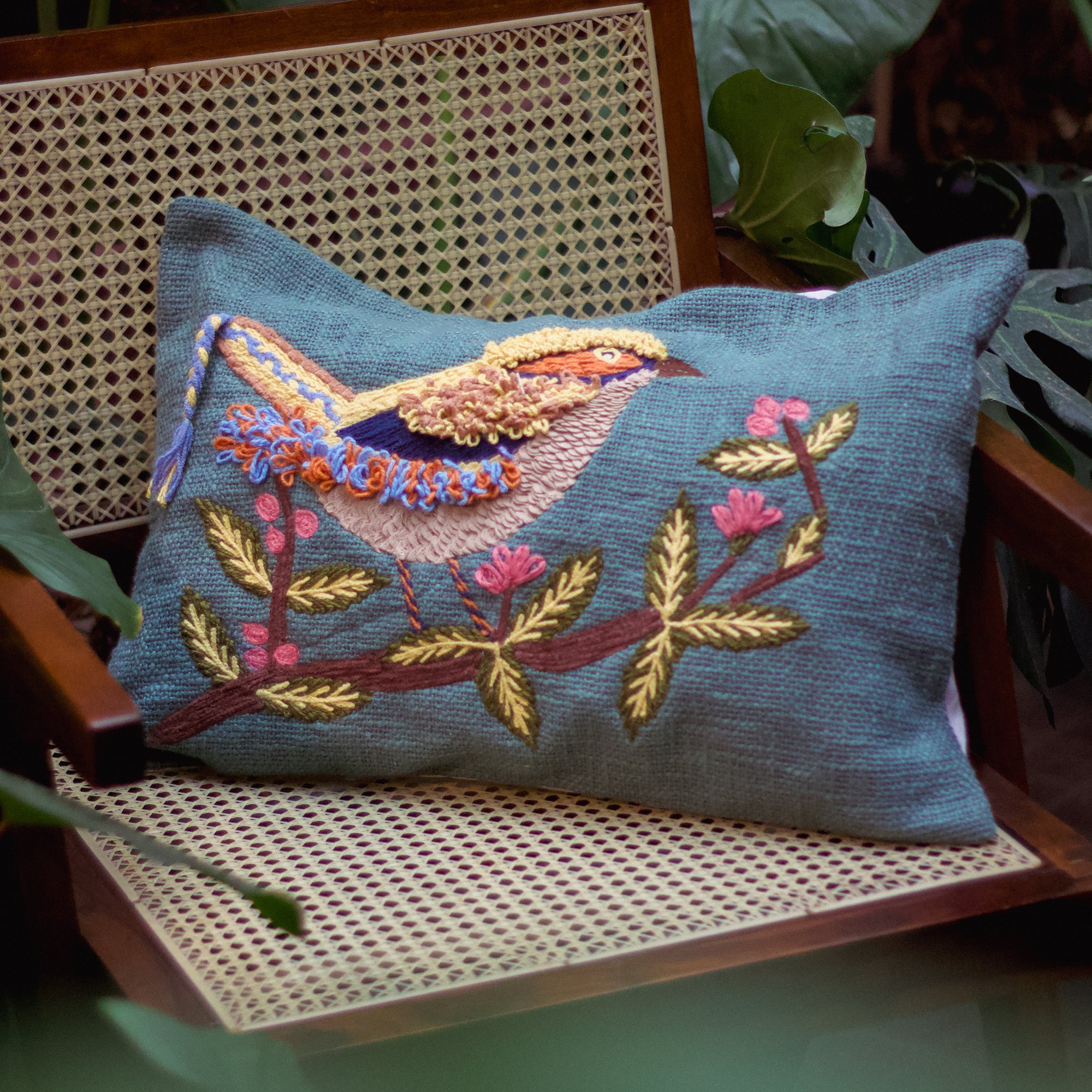 Hand-Embroidered Chirpy Bird Cushion Cover - Set of 2 - 14 X 20 inches