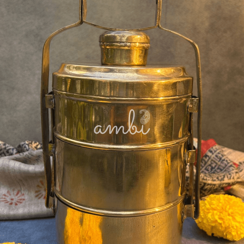 Elegant Handcrafted Vintage Brass Three Tier Tiffin Set