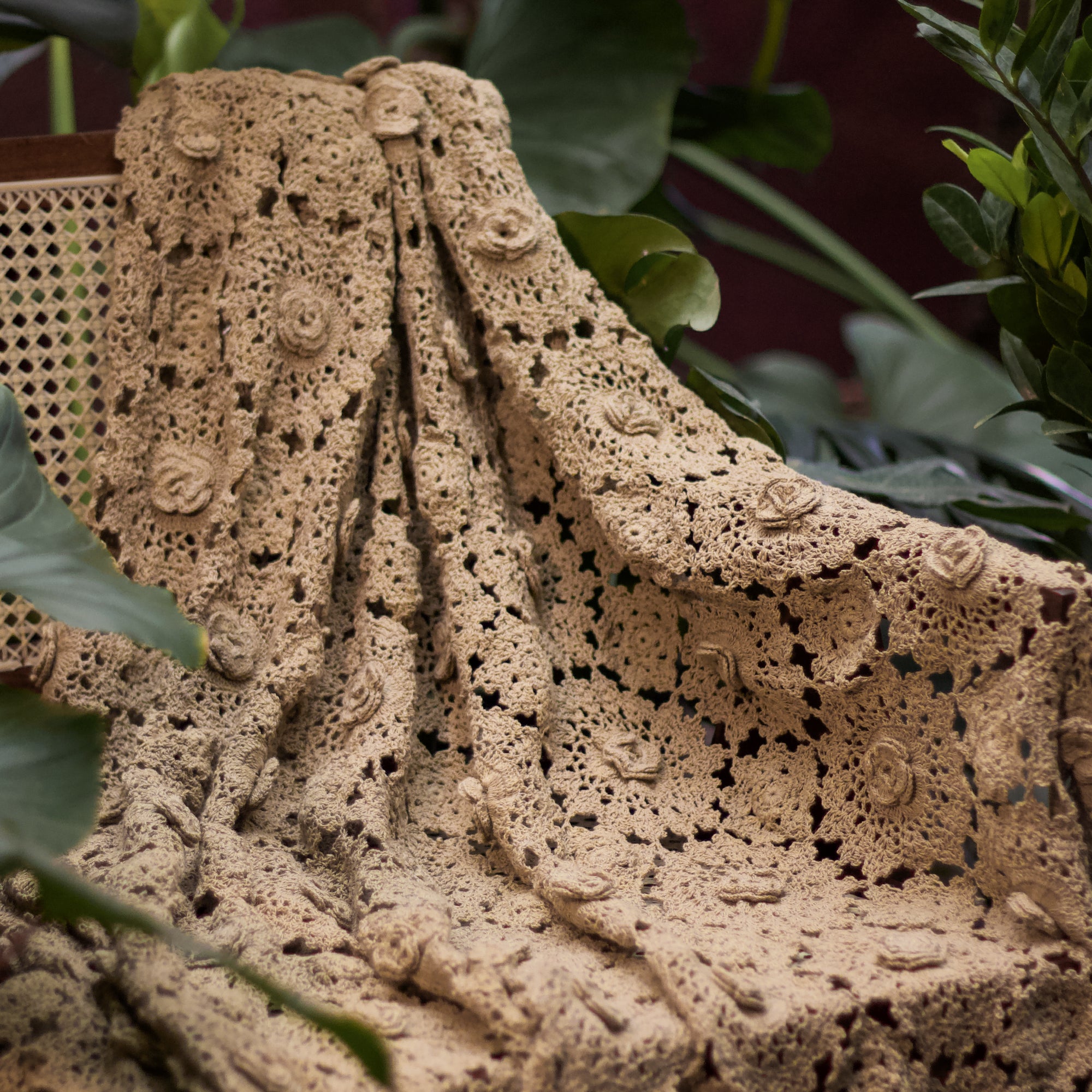 Hand-Embroidered Light Brown Crochet Throw - 125X150 CMS