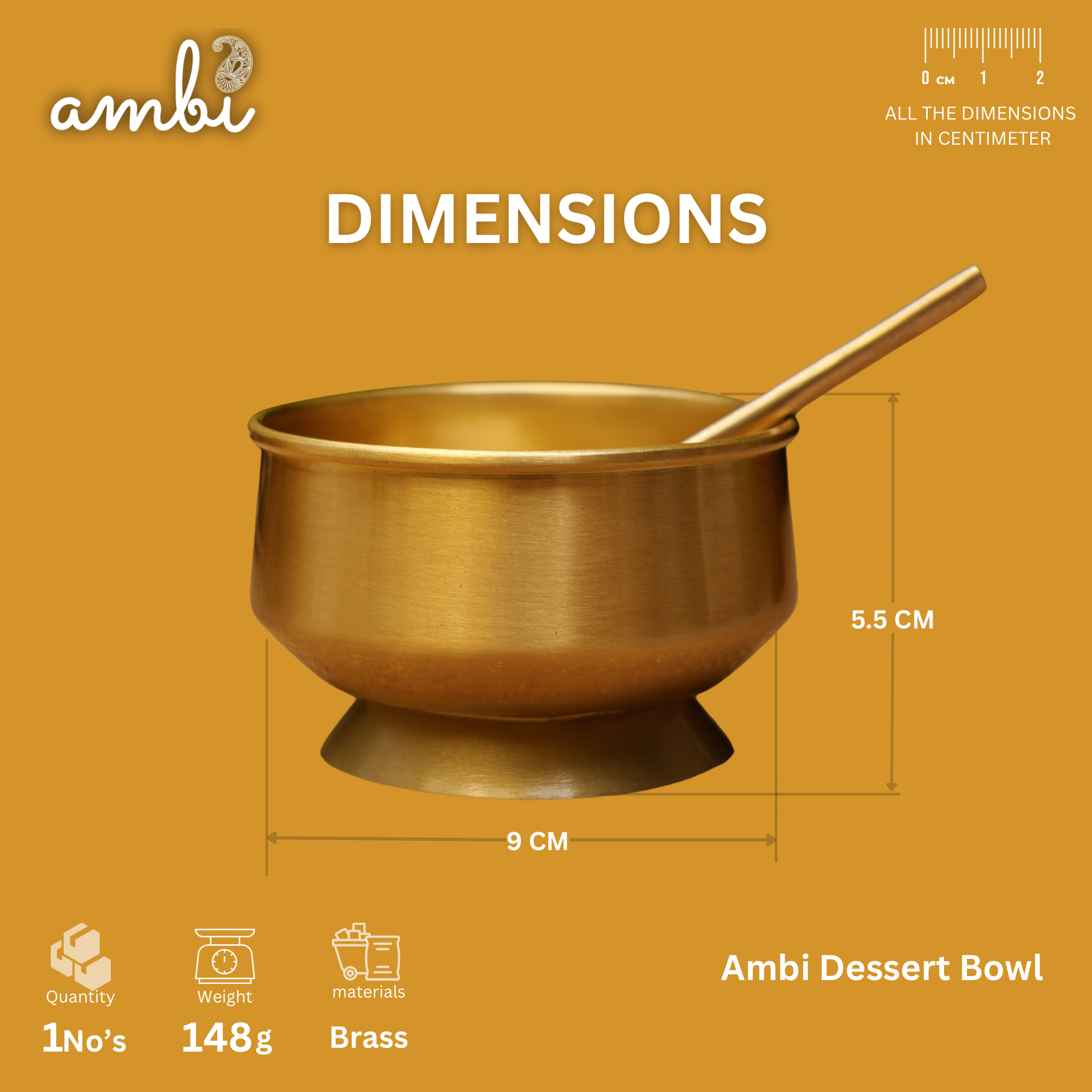 Ambi Pure Brass Dessert/ Icecream Bowl (with spoon)