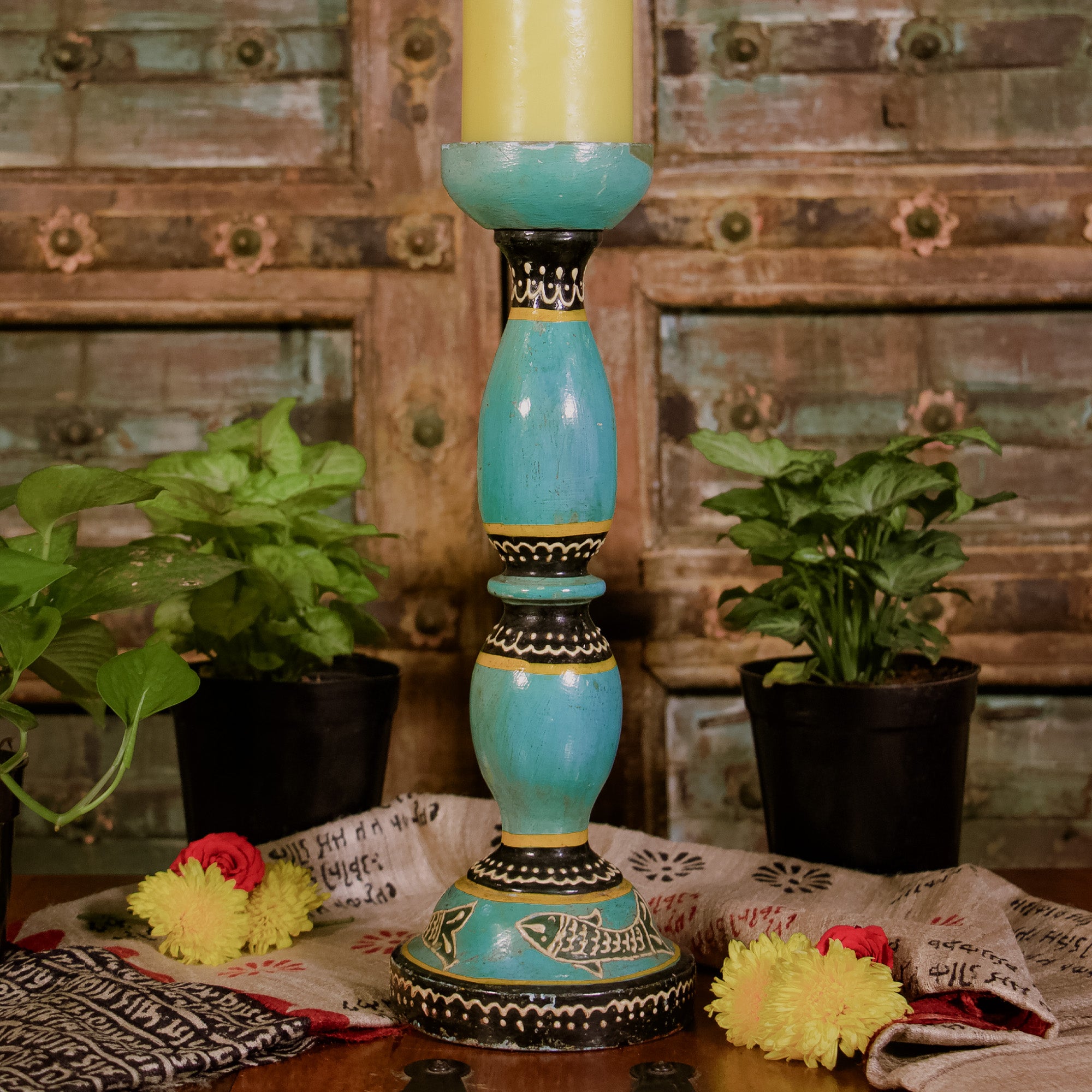 Wooden Candle Rustic Look Stand - Cyan