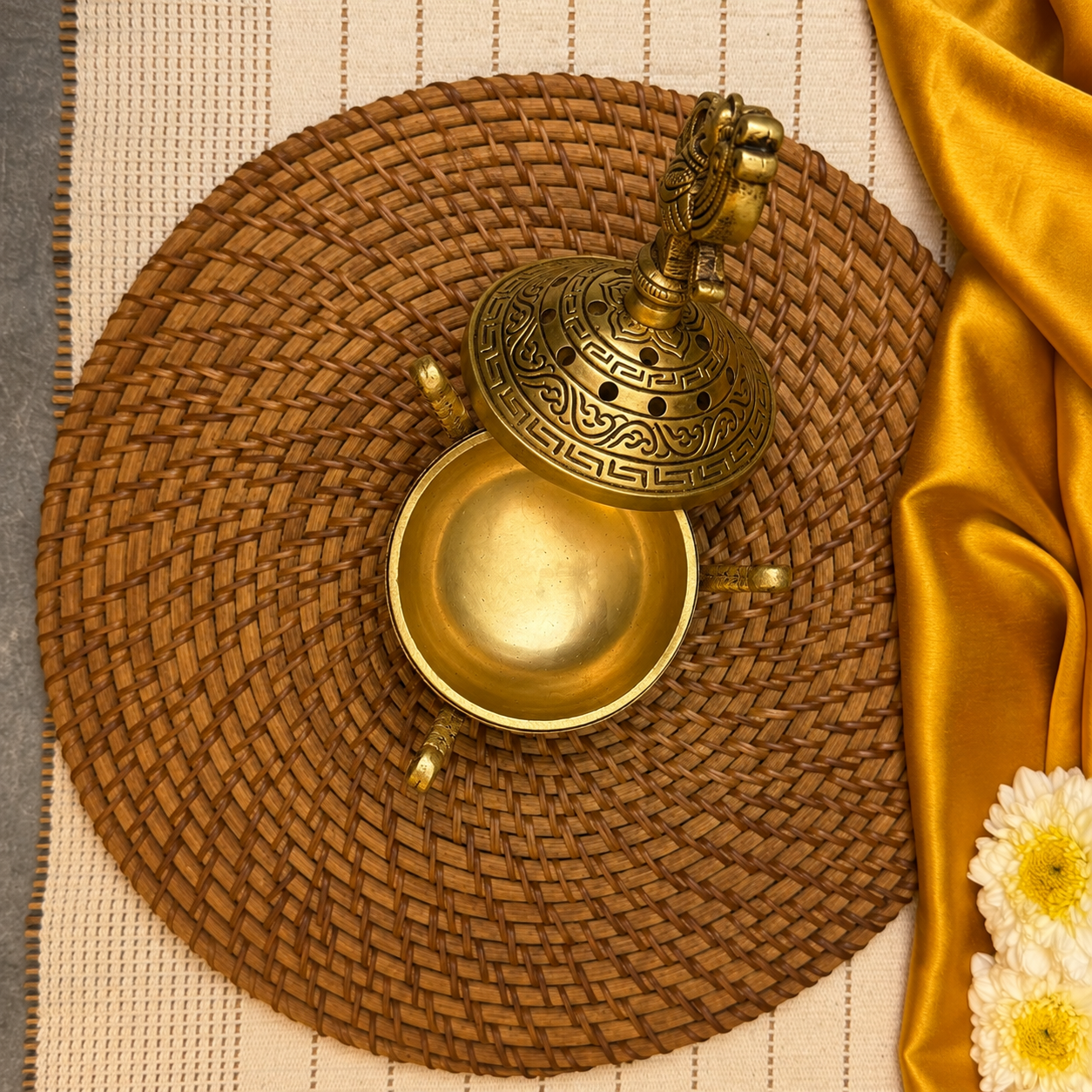Ambi Brass Peacock Lid Dhuni | Traditional Dhoop Dani with Peacock Design | Decorative Brass Incense Burner for Pooja, Havan & Home