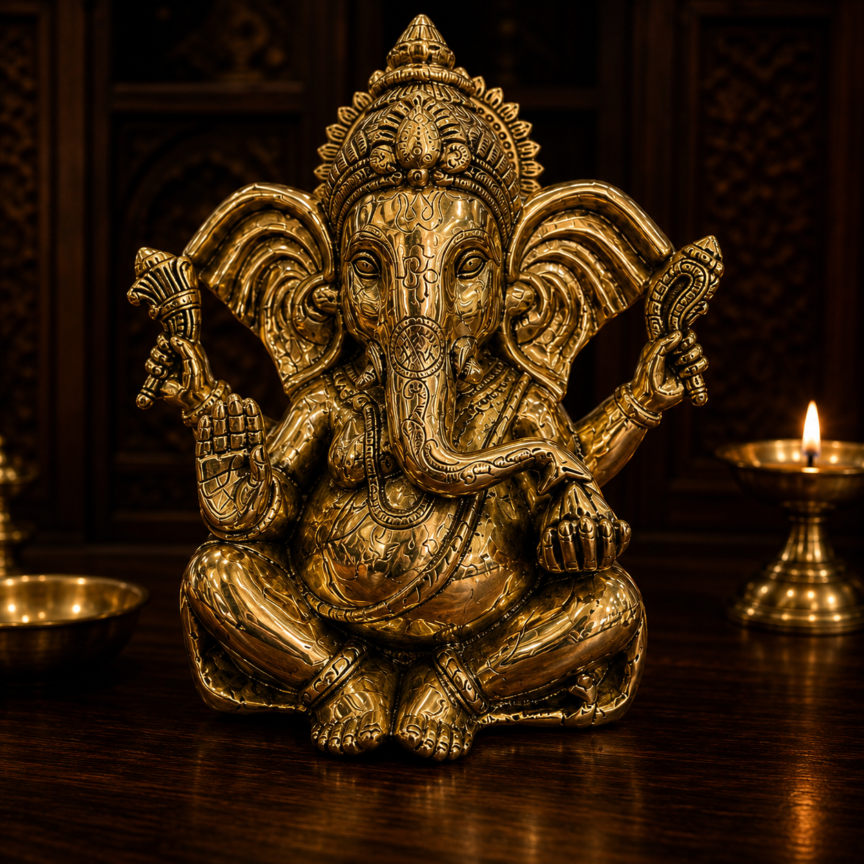 A golden brass Ganesha statue seated on a dark wooden surface, with a lit diya and a dark carved wooden background.