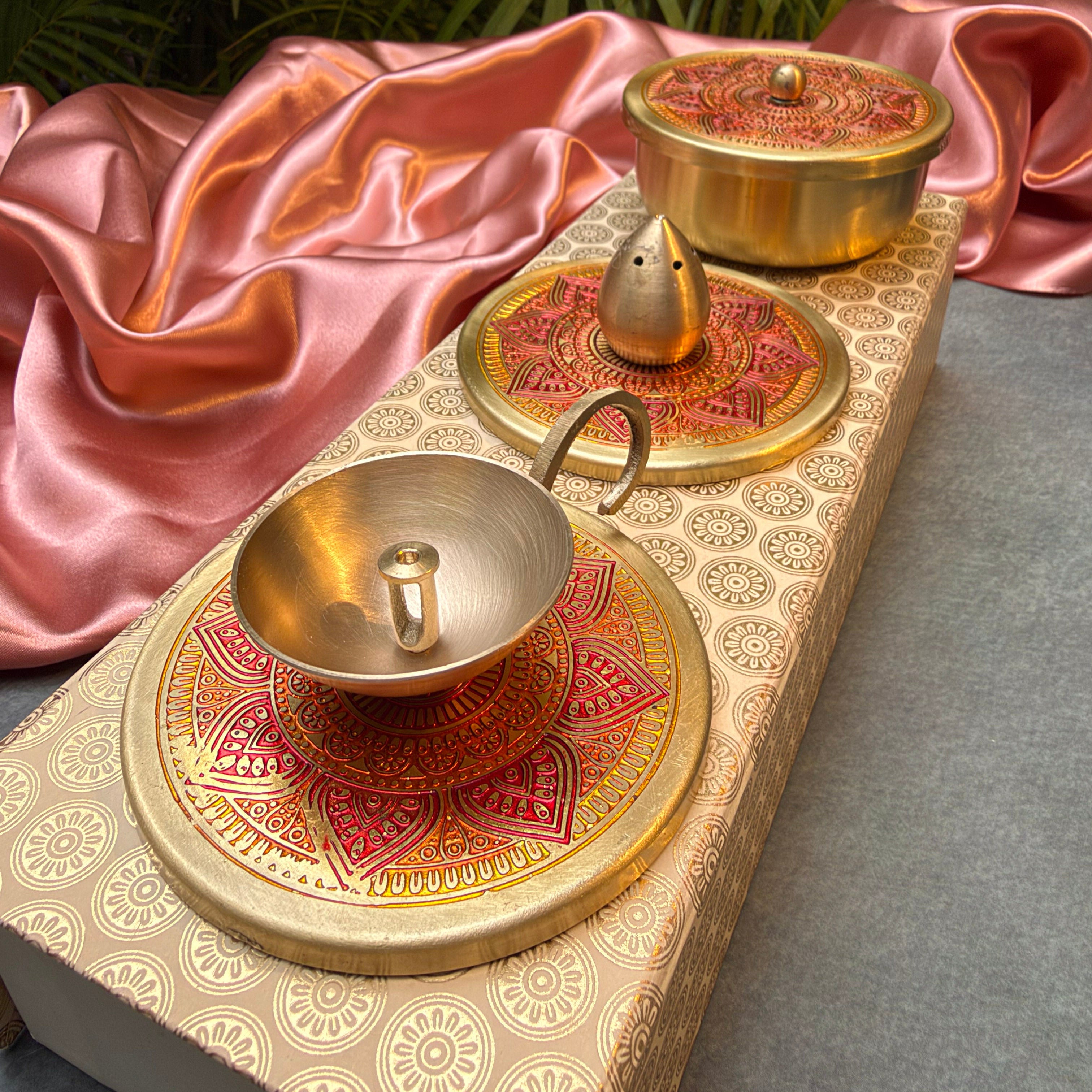 Ambi Pure Brass Mandala Pooja Essentials Set | Diya, Incense Holder& Multipurpose Box |