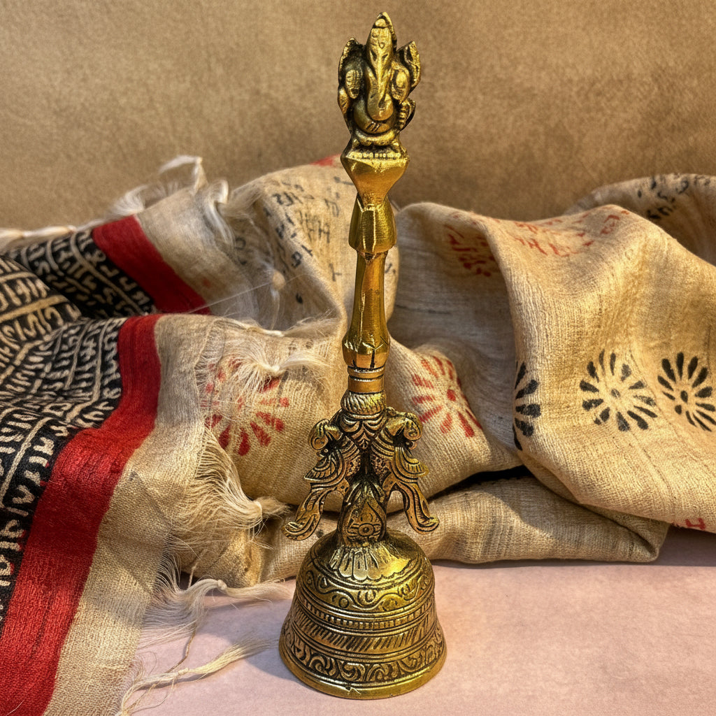 Ambi Pure Brass Handheld Pooja Bell with Lord Ganesh – Intricately Crafted Hand Bell for Aarti & Prayer - 8 Inch Height