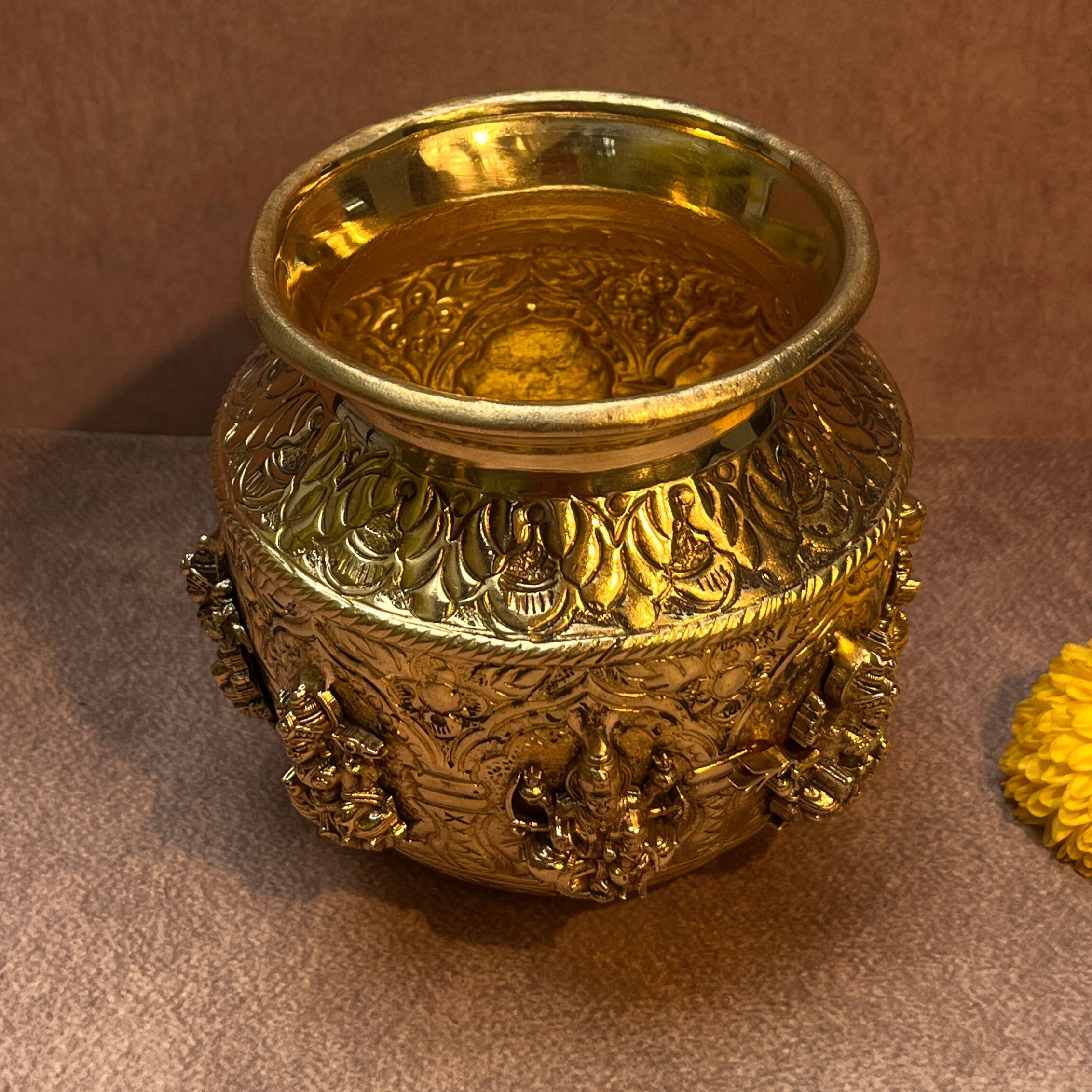 AMBI Pure Brass Lakshmi Pooja Kalash | Lakshmi Embossed Kalash