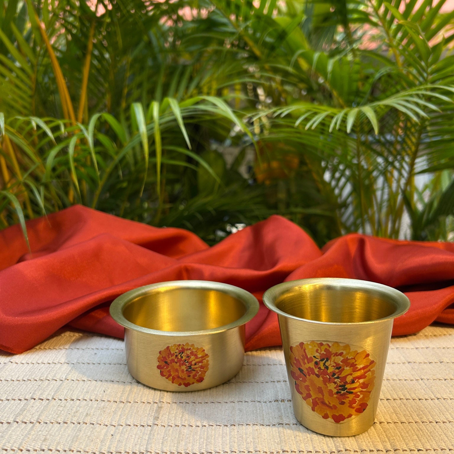 Ambi Pure Brass Marigold Hand-Painted South Indian Coffee Dabara Set