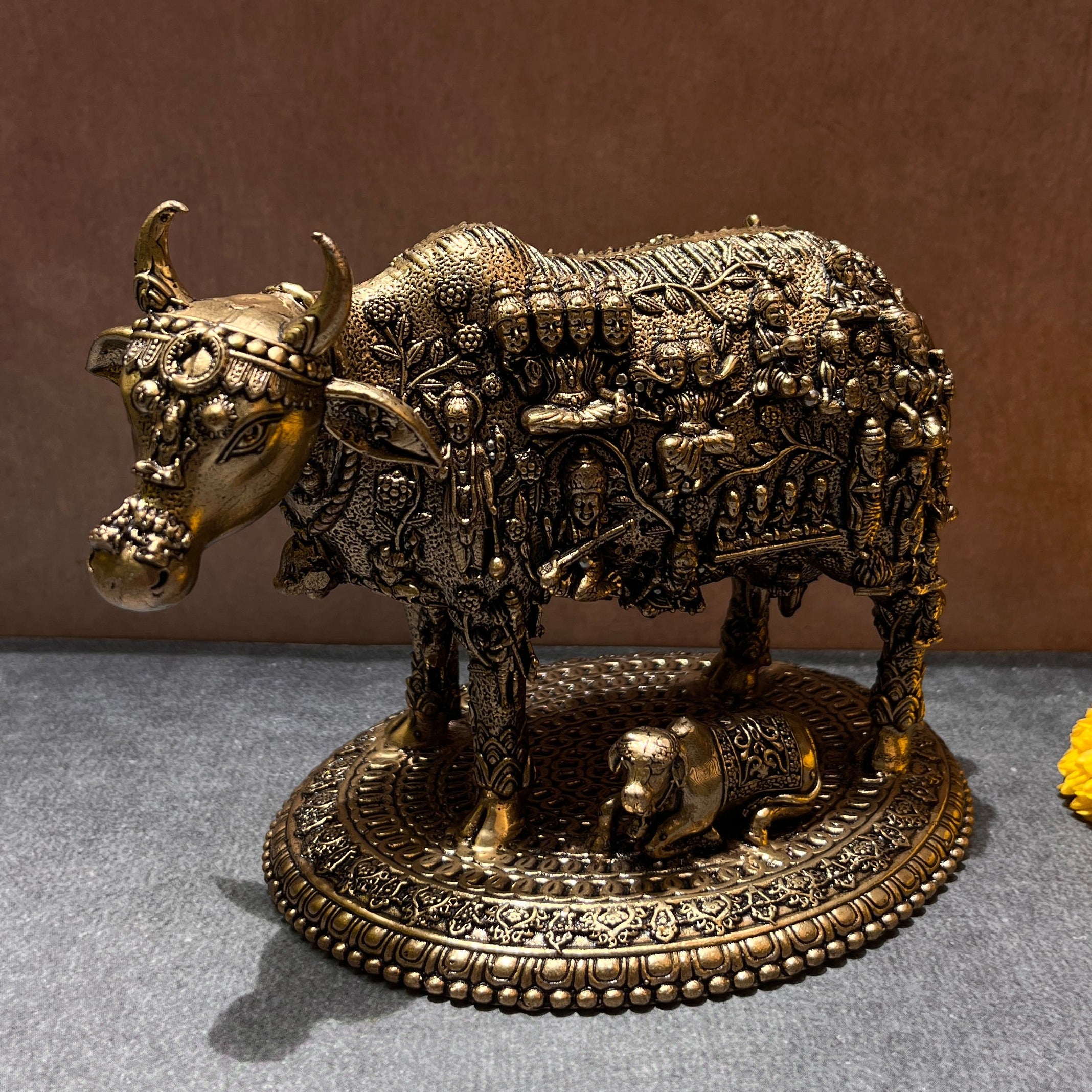 Ambi Pure Brass Kamadhenu Cow and Calf Idol with 33 Koti Deities for Home Mandir