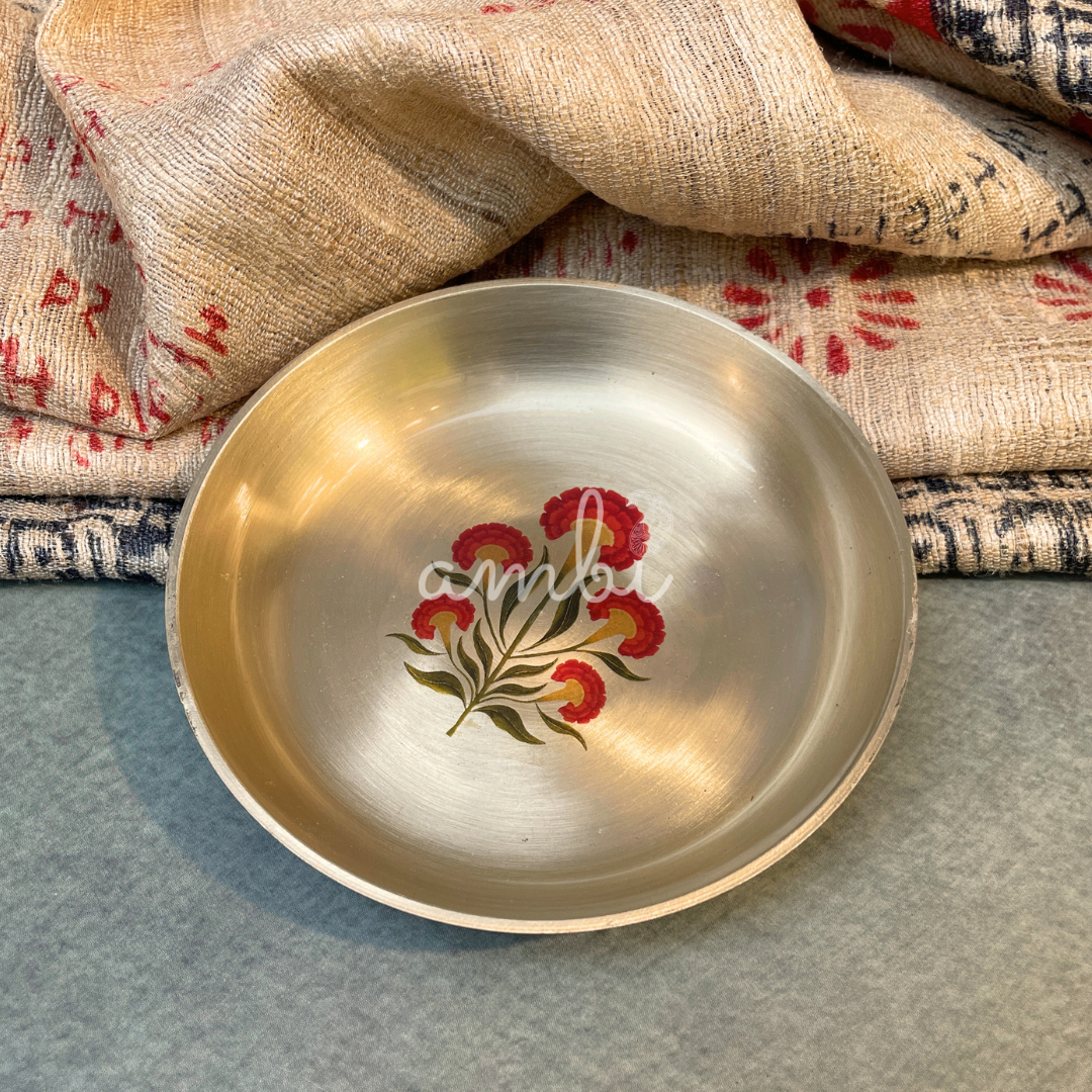 AMBI Lead Free 100% Pure Kansa Small Floral Hand Painted Finish Plate / Dessert Plate - 4 Inch