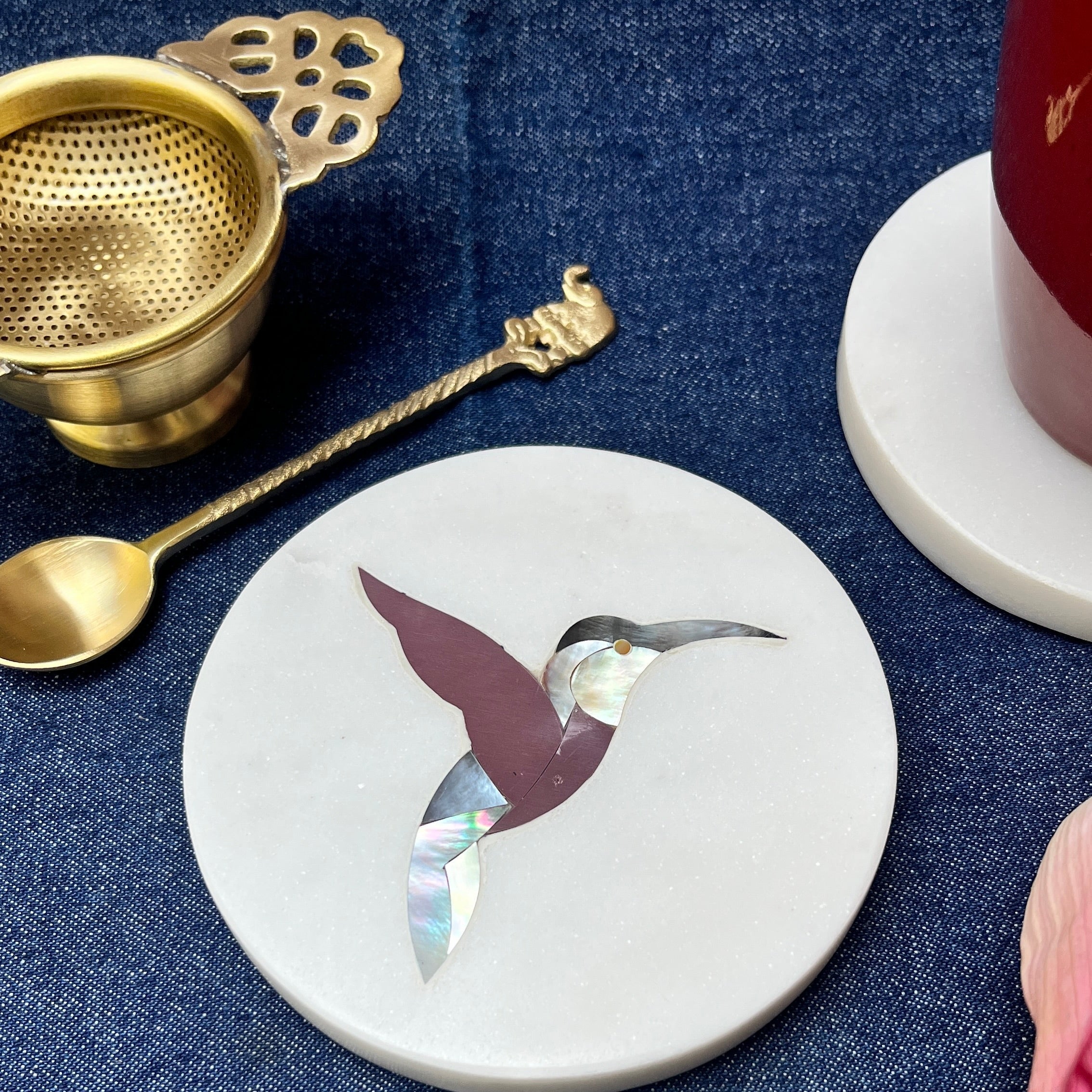 Ambi Humming Bird Marble Coasters with Inlay work red - Set of 2