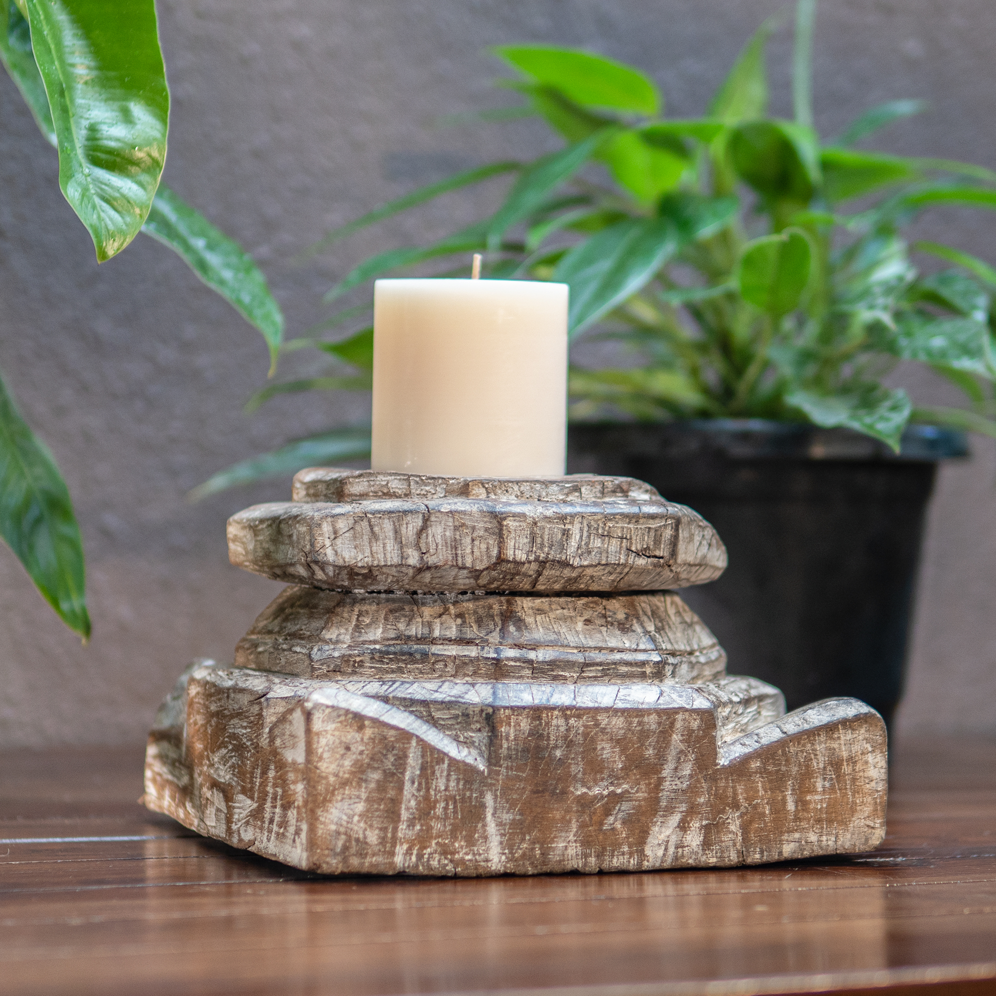 Vintage Wooden Distressed Candle Stand in White