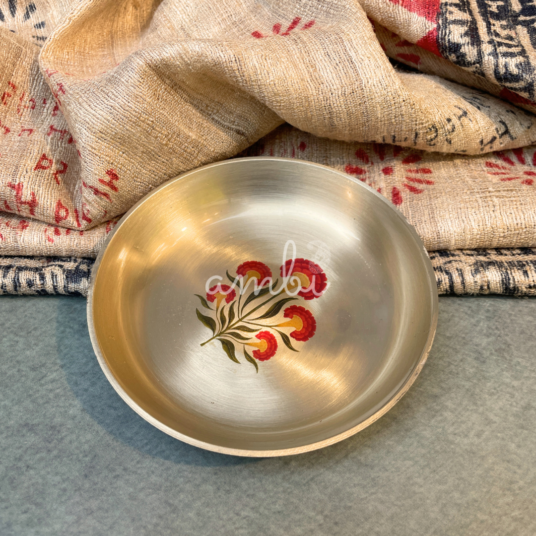 Ambi Pure Kansa Floral Hand Painted Plate – 4 Inch | Dessert & Puja Plate