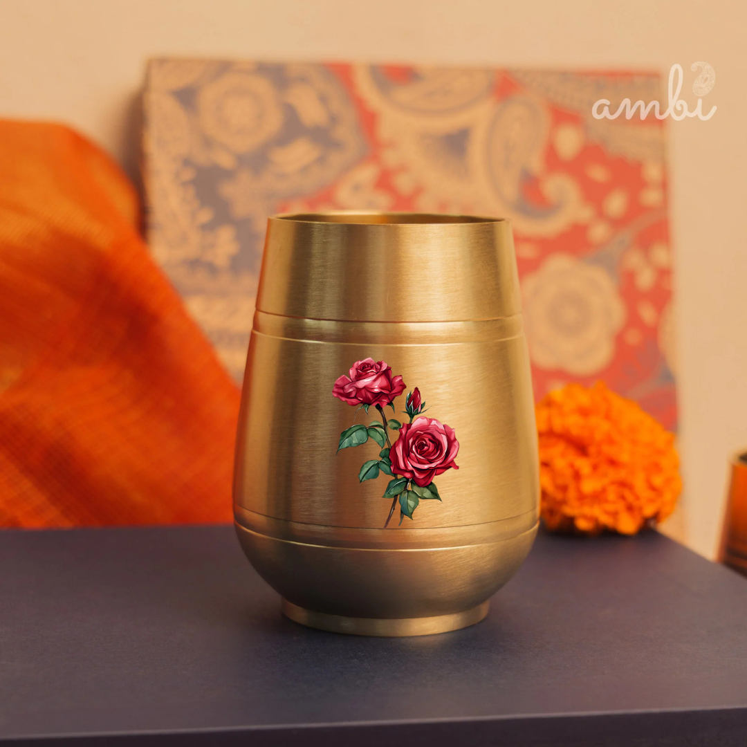 Pure 100% Lead Free Kansa Floral Hand Painted Finish - Rose Design Heavy Damru Glass - 330 ml