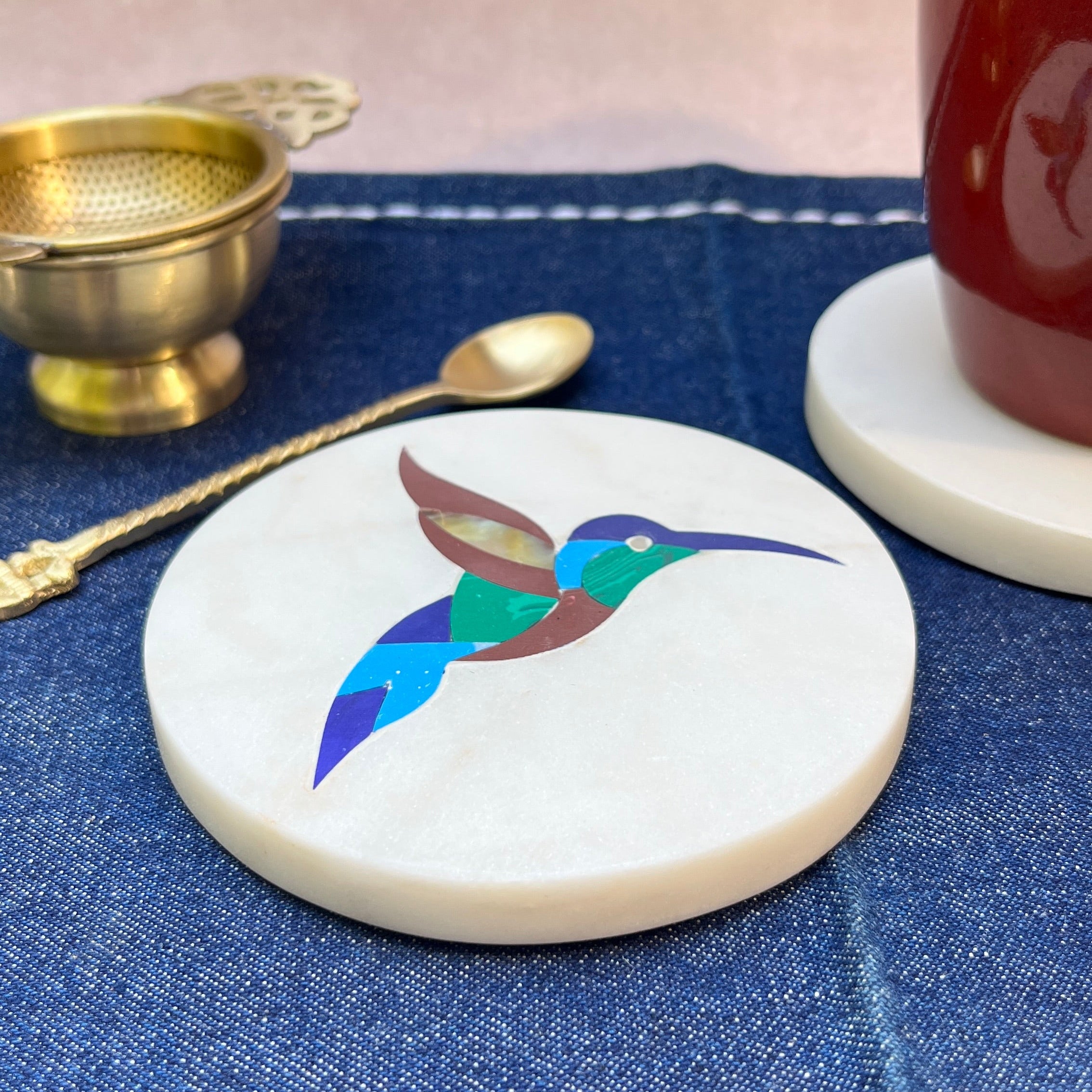 Ambi Humming Bird Marble Coasters with Inlay work - Set of 2