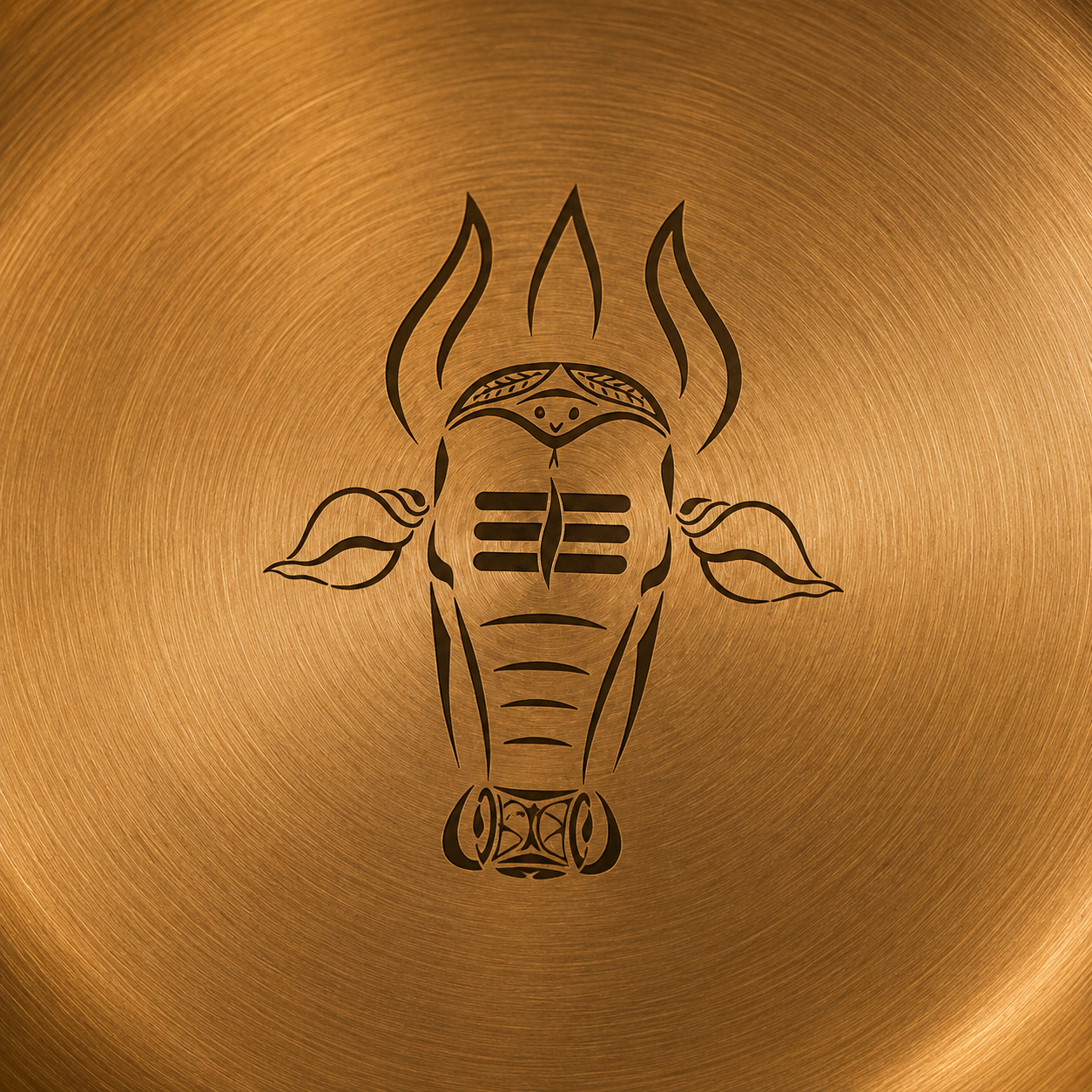 A close-up of a circular metallic bronze or gold-toned surface with a black engraved Nandi head motif centered on it.