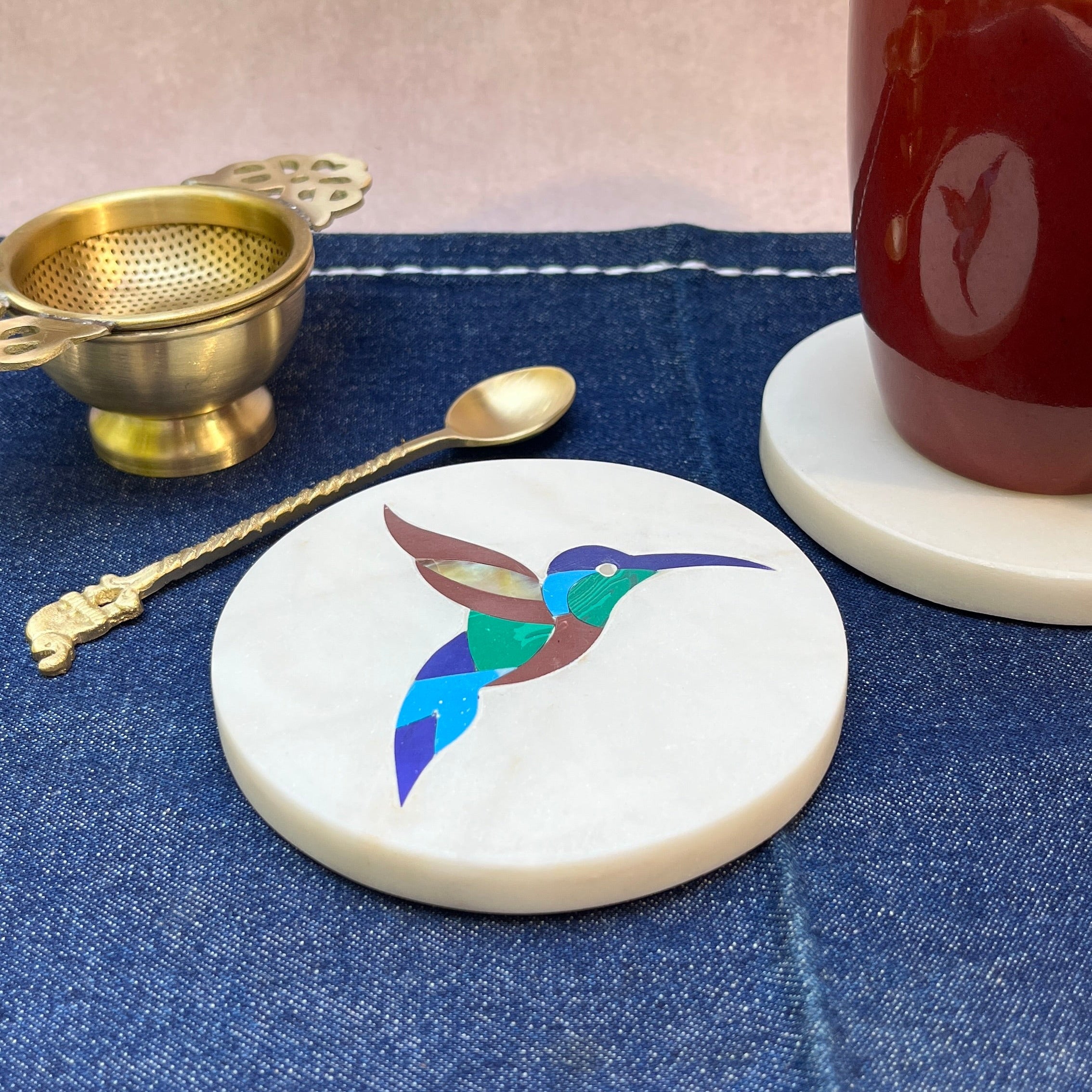 Ambi Humming Bird Marble Coasters with Inlay work - Set of 2