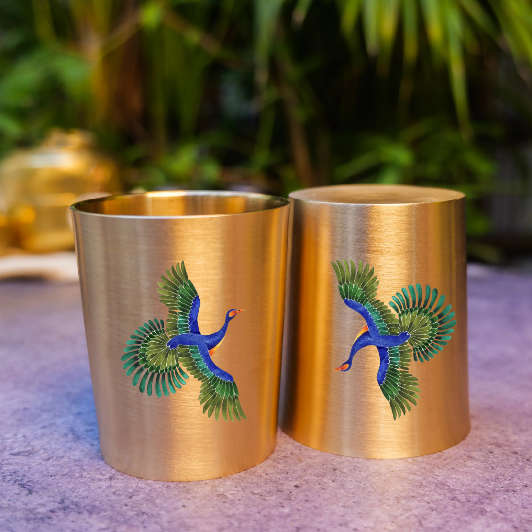 Ambi Pure 100% Lead Free Kansa Pattachitra birds Hand Painted Glass – 250 ML - For Ayurvedic Wellness