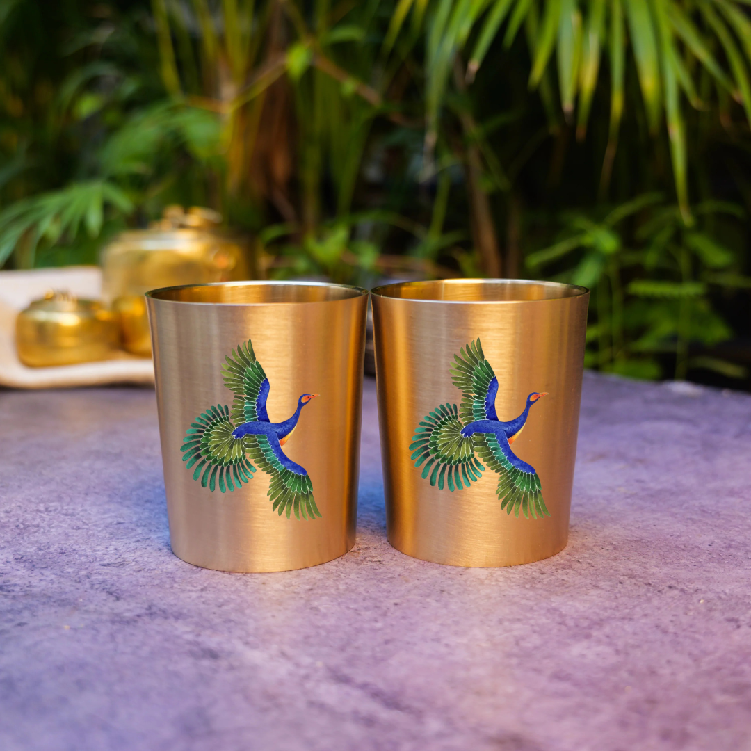 Ambi Pure 100% Lead Free Kansa Pattachitra birds Hand Painted Glass – 250 ML - For Ayurvedic Wellness