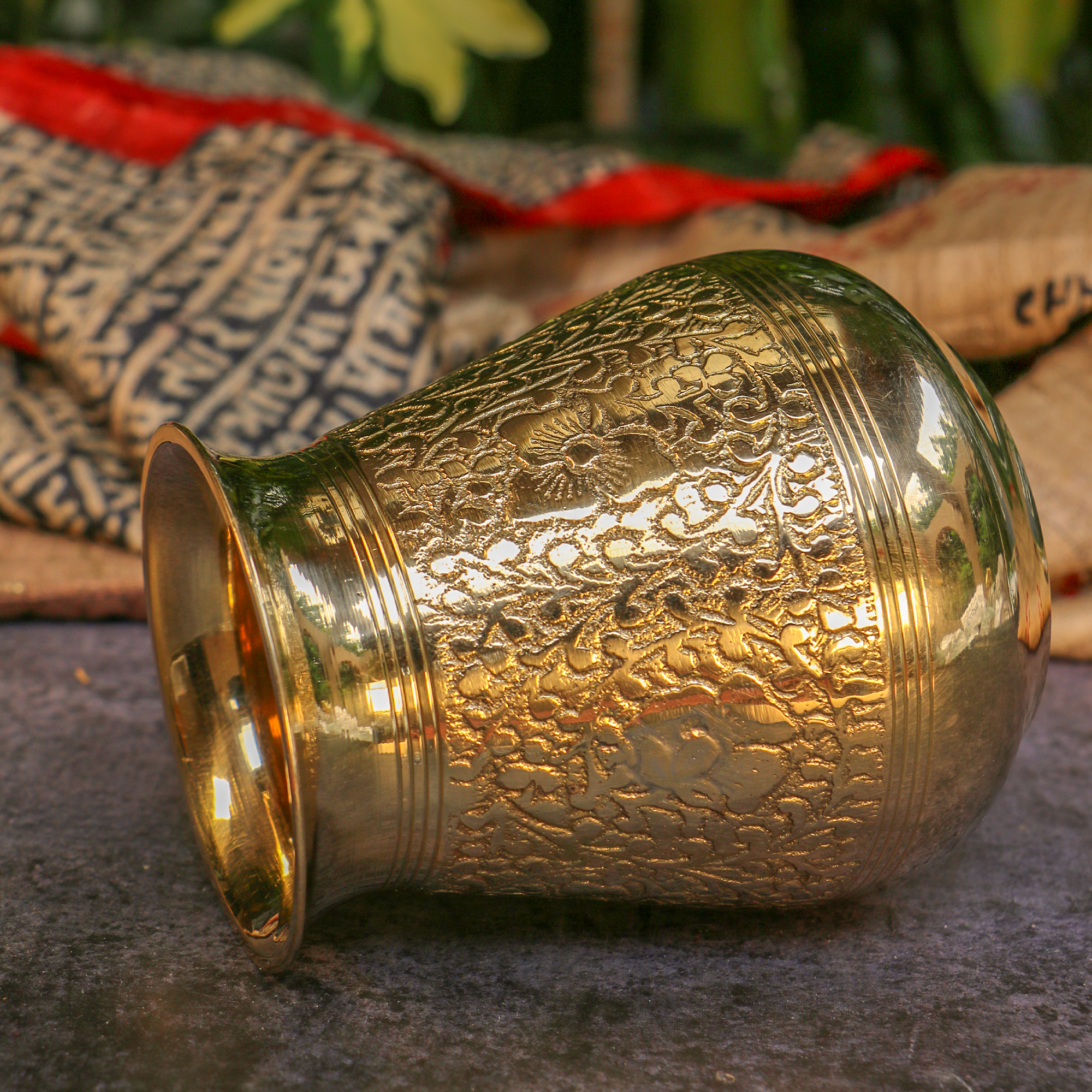 100 % Brass Embossed Lota Kalash for Pooja or Water Storage - Conical