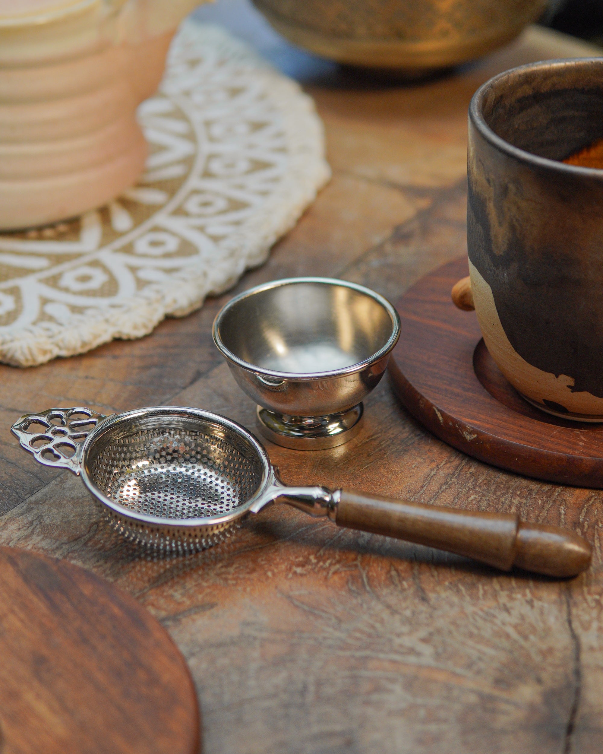 Matte Finish Brass Medium Sized Tea Strainer Silver 2 Piece Set With Wooden Holder