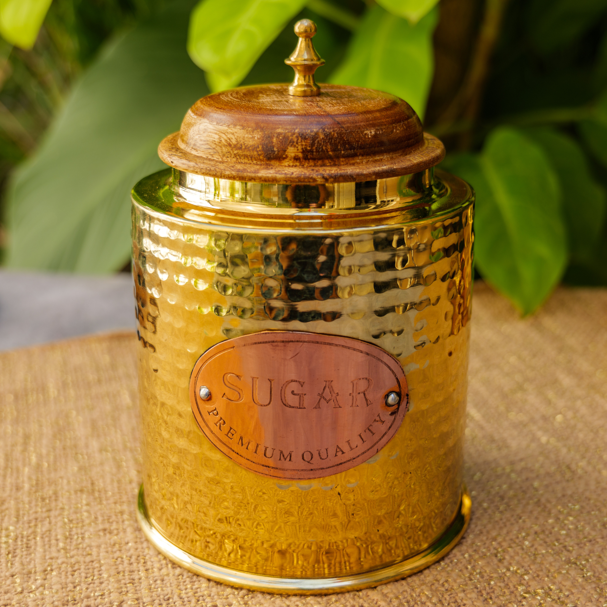 Sugar Jar - Pure Brass Hammered Storage Container - Large - Wood Lid