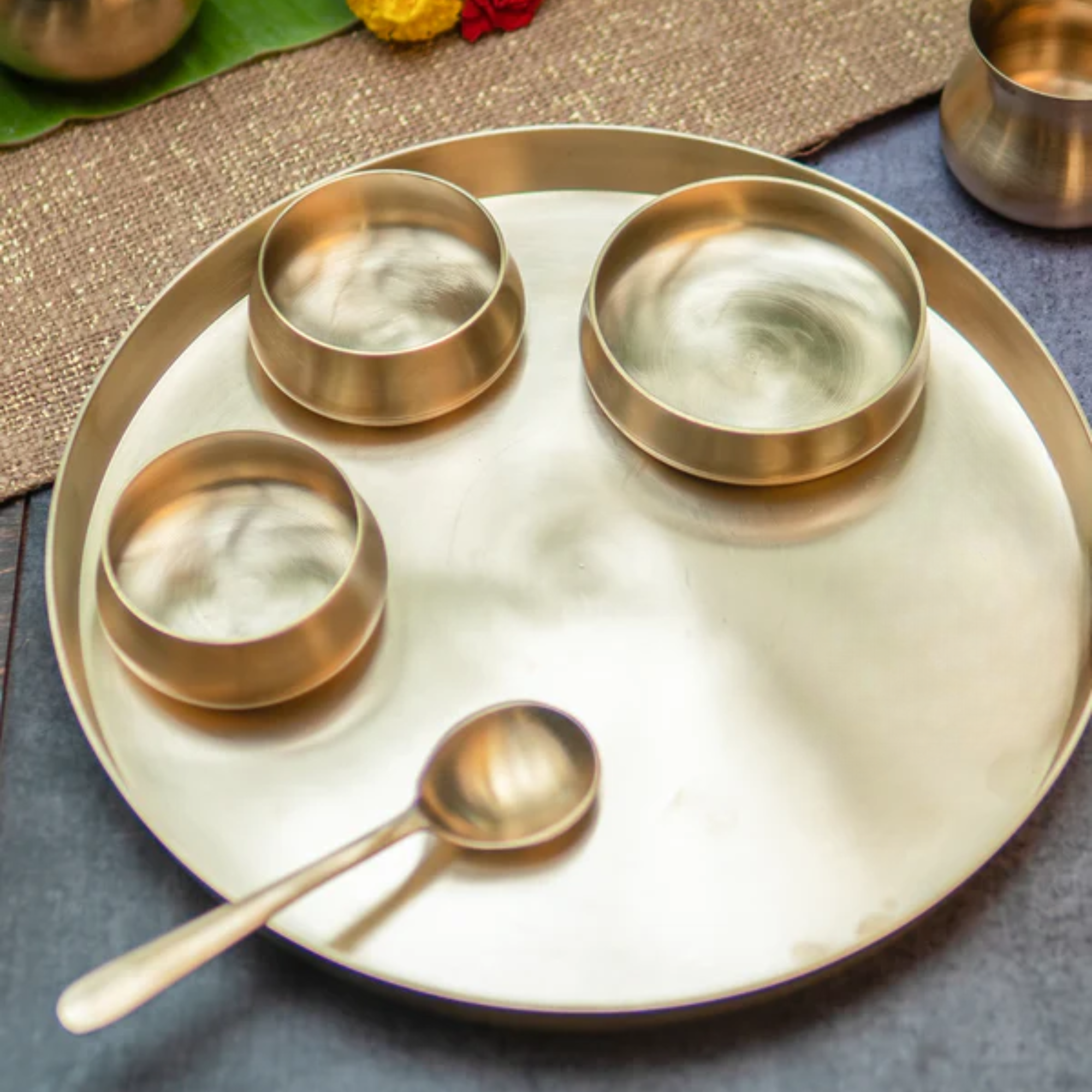 Pure Kansa Curved Brass Thali Set - Set of 6 pieces - Matt Finish Heavy Masterpiece