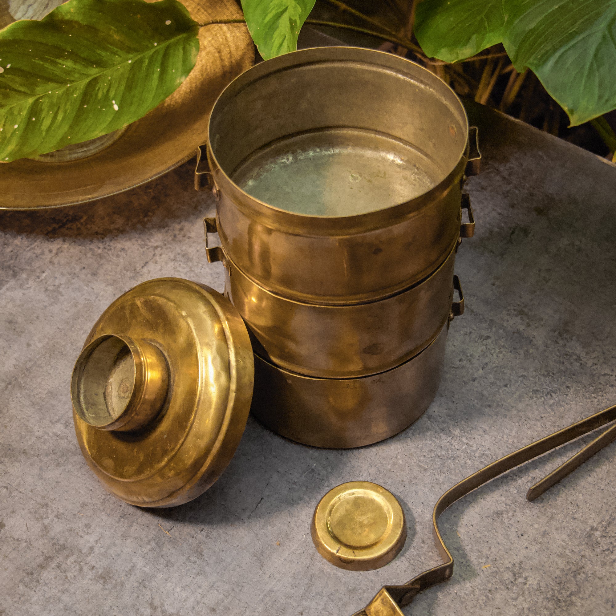 Elegant Handcrafted Vintage Brass Three Tier Tiffin Set