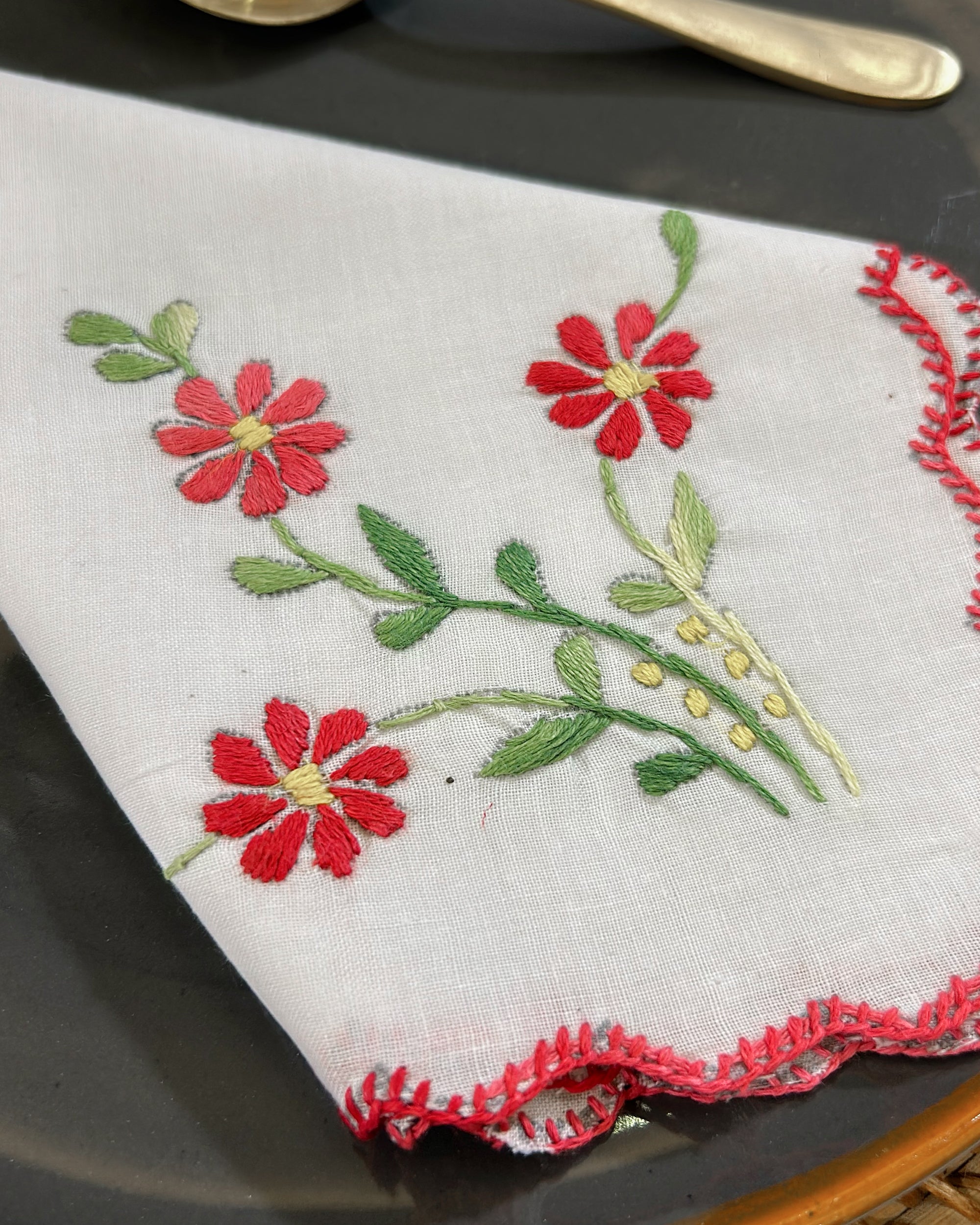 Vintage White Linen with 2024 Red Hand EMBROIDERED FLOWER Napkin Set of 4