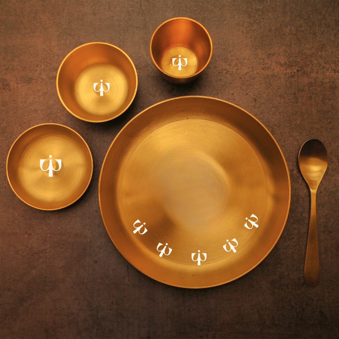 Pure 100% Lead Free Kansa Exquisite Thali Set with Om Vrit Laser Cut Design- 5 pcs set