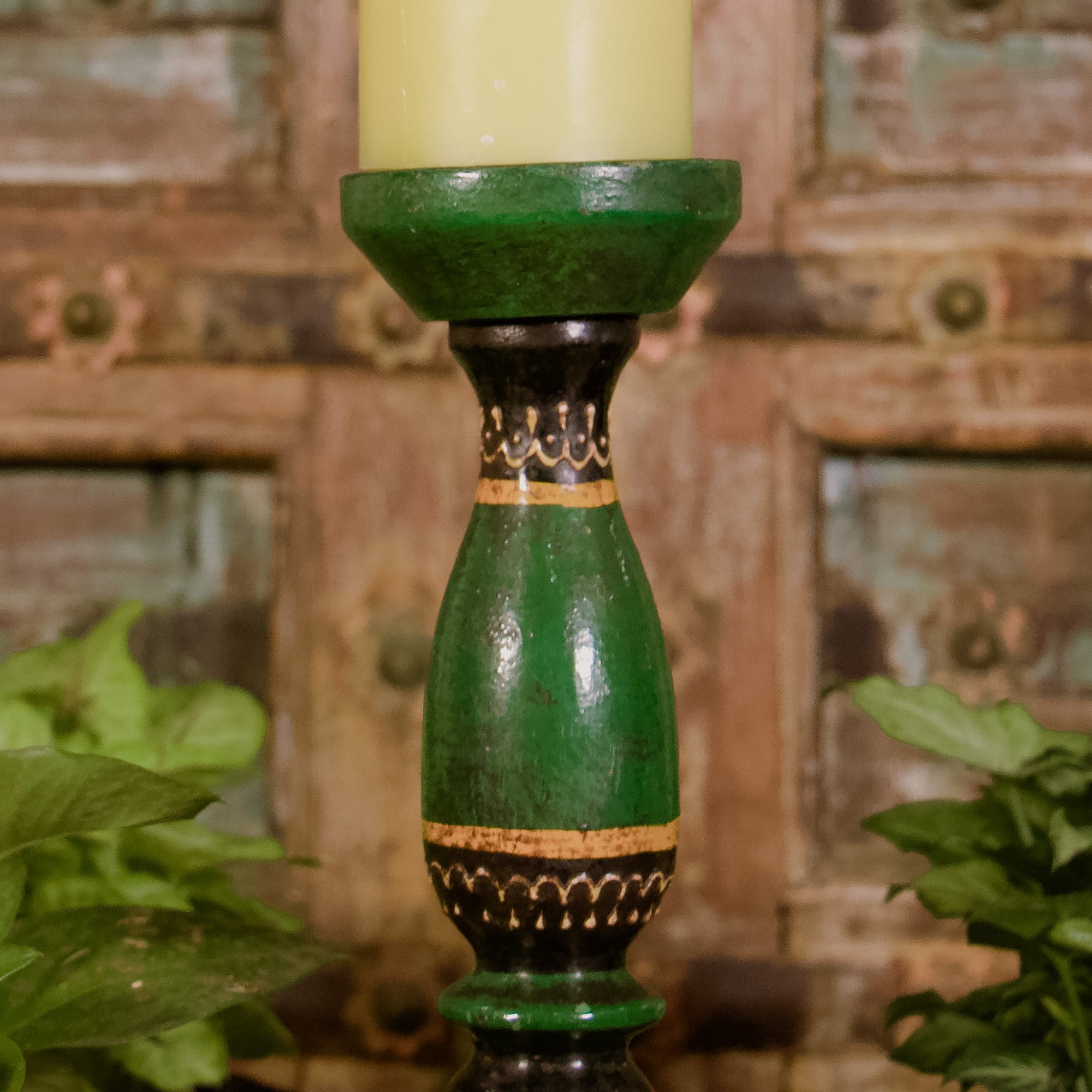 Wooden Candle Rustic Look Stand - Dark Green