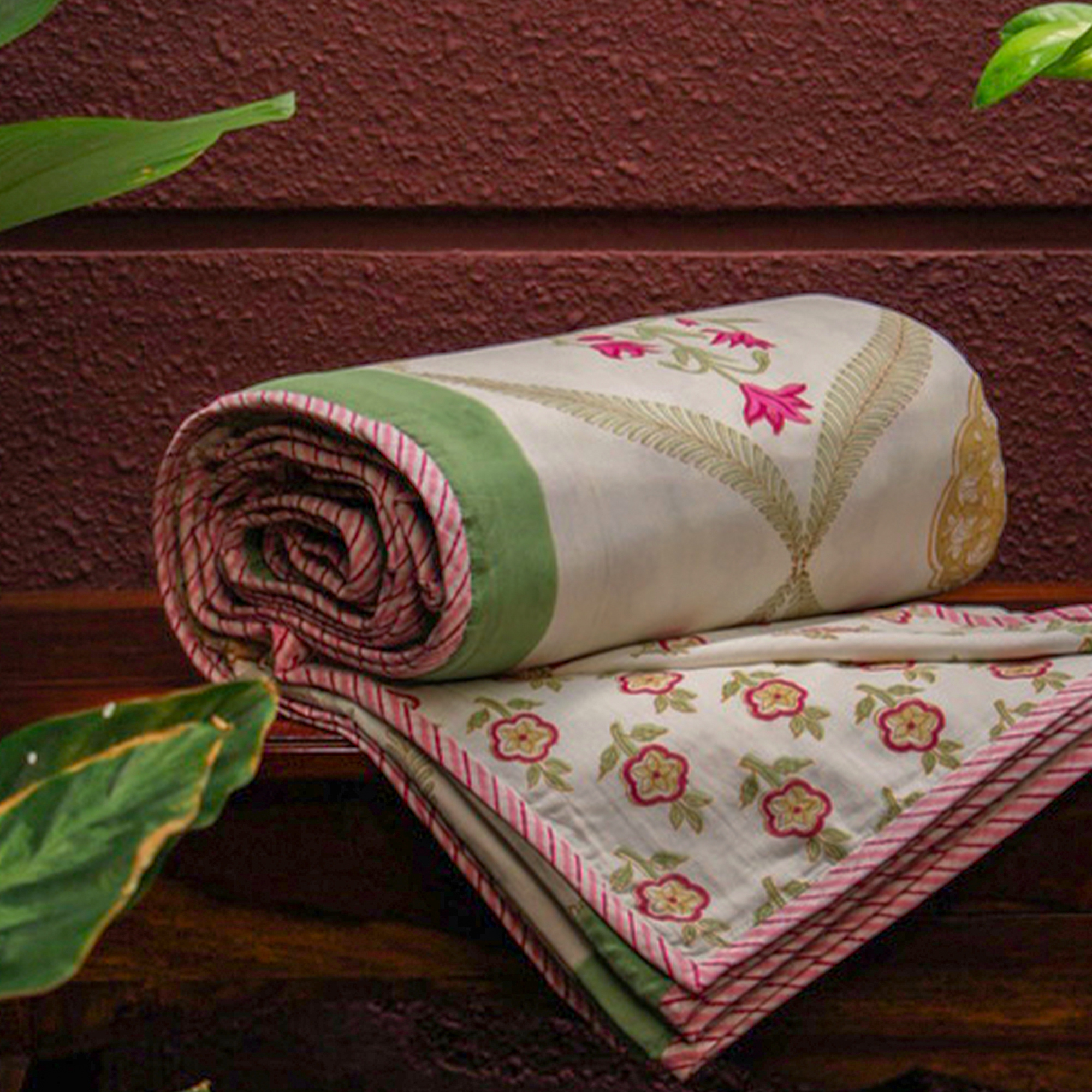 Jaipuri Pink Floral Mulmul Triple Layer Reversible Dohar (Double Bed) - 90X108 Inches