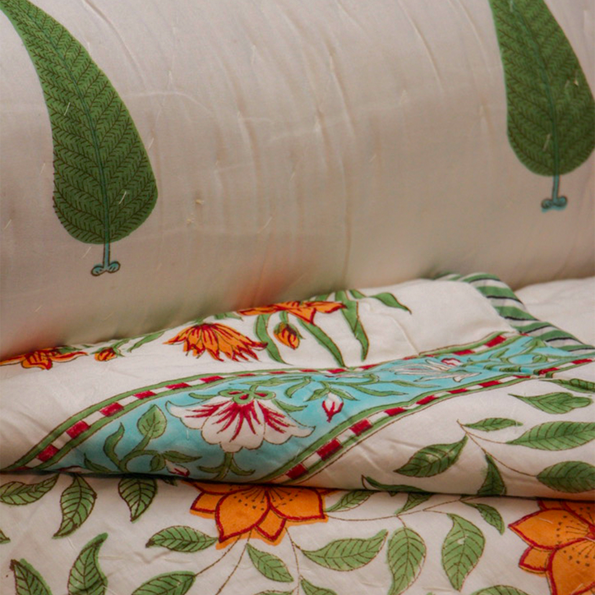 2025 Collection - Reversible Green Cypress Heavy Hand Block Printed Jaipuri Rajai /  Quilt- Double - 90X108 Inches