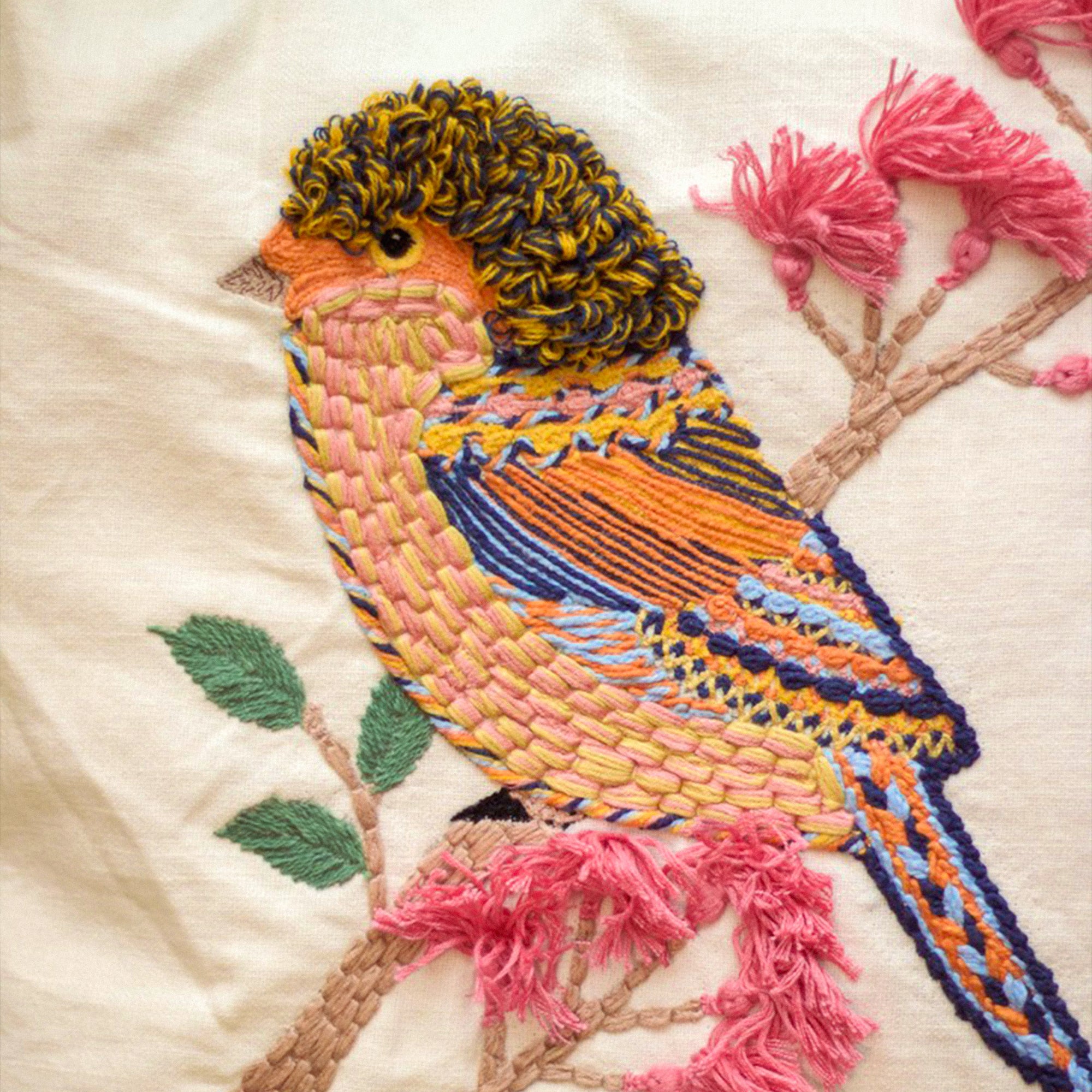 Hand-Embroidered Bird Cushion Cover - Set of 2 - 16 X 16 inches