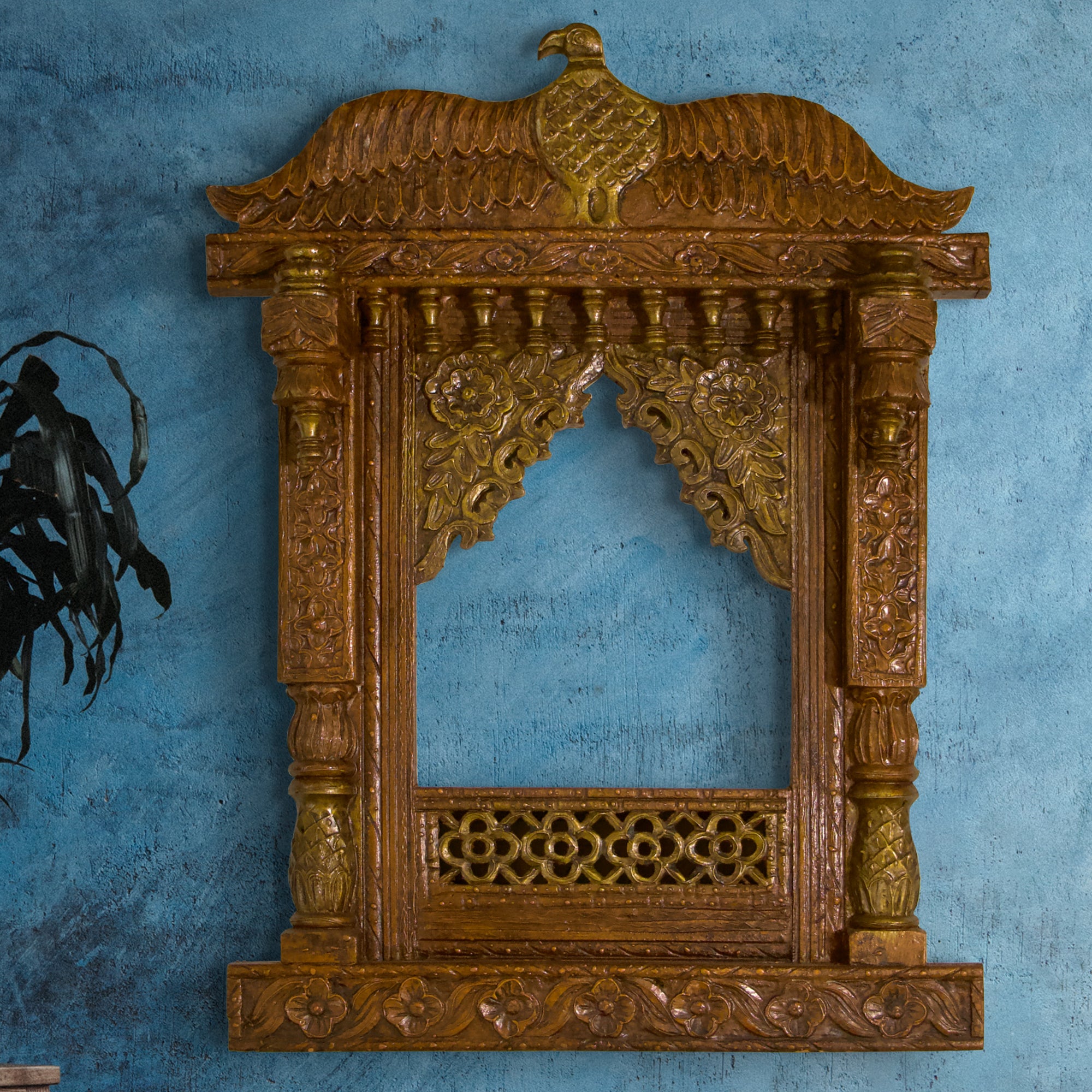 Hand Crafted Wooden Jharoka Wall Decor with a Falcon Top