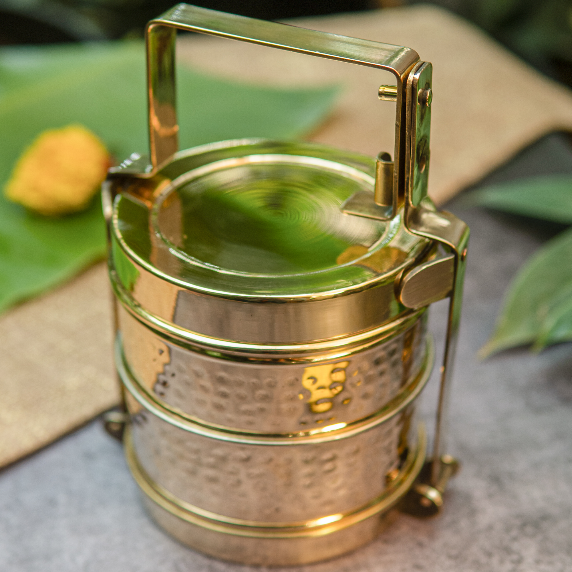 Masterpiece Pure Brass Two Tier Tiffin Box with Shiny Hammered Finish