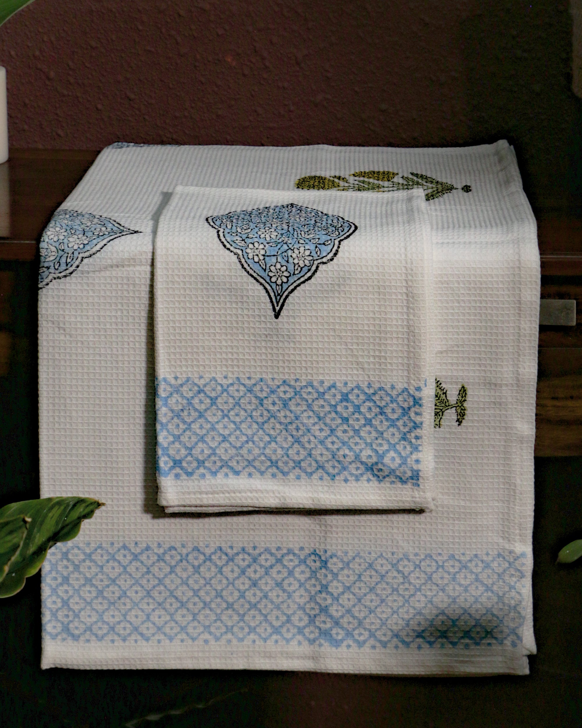 Hand Block Printed Blue & Green Waffle Cotton Towel Set (1 Bath+2 Hand Towels)