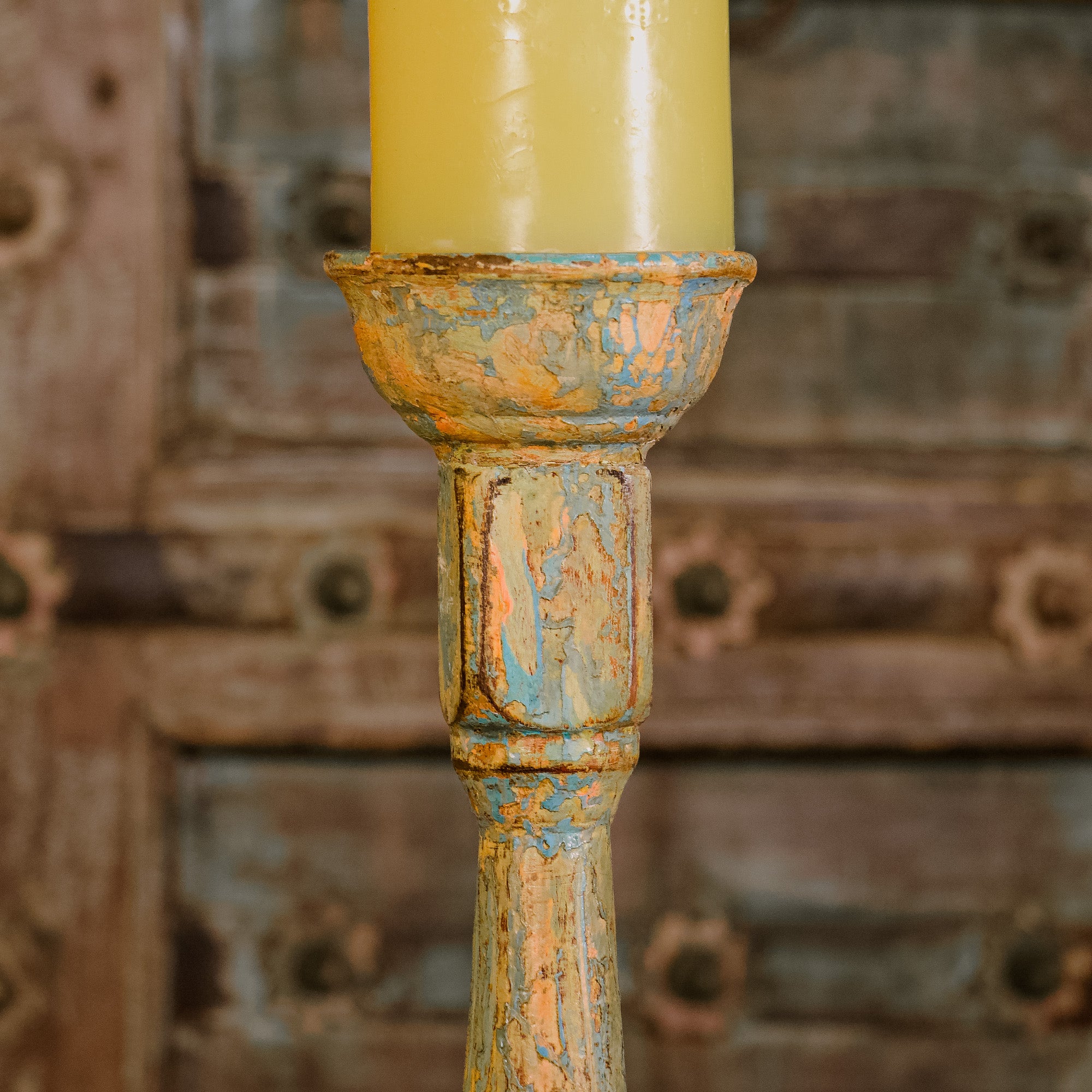 Wooden Candle Distressed Look Stand - Multicolour