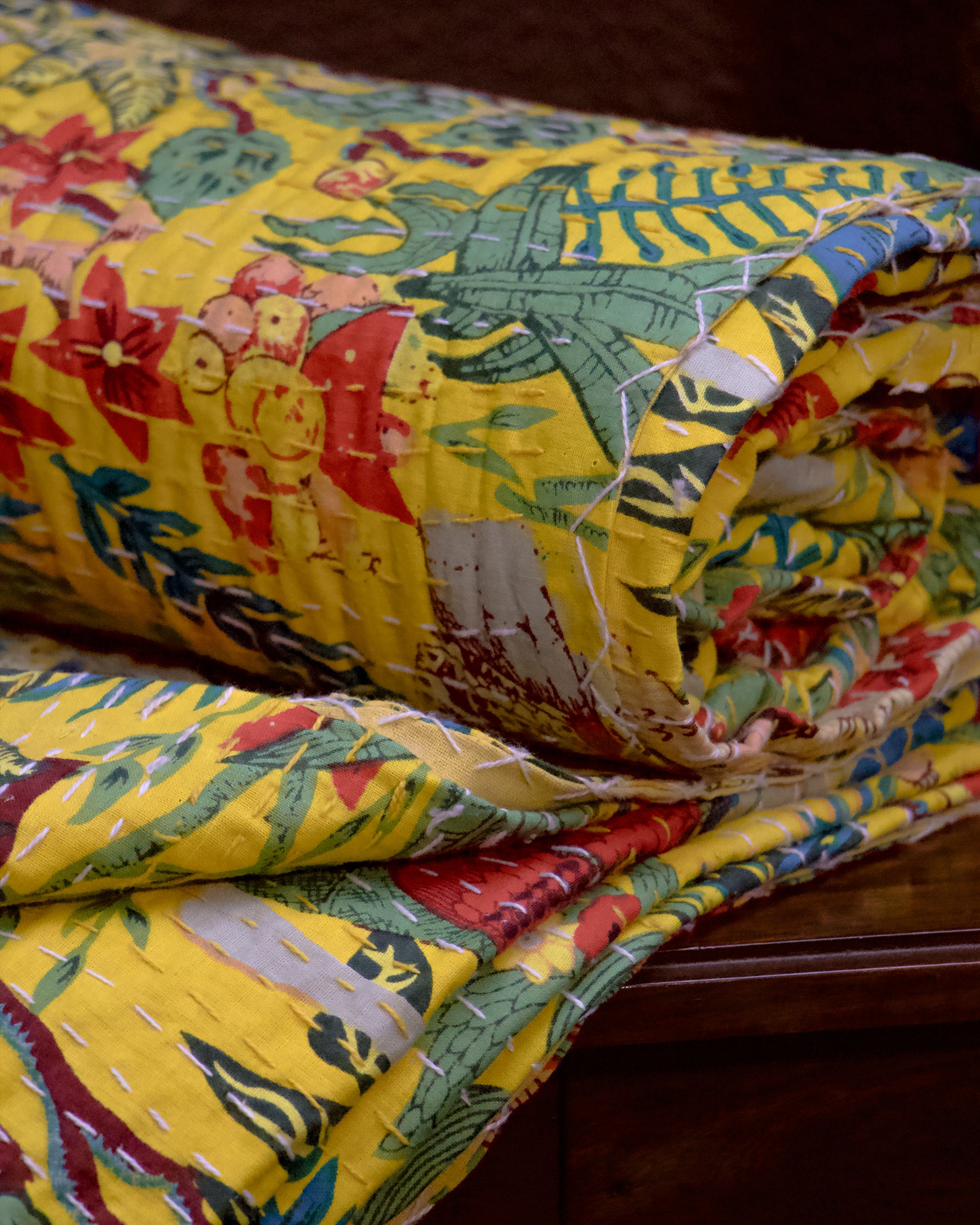 Jaipuri Kantha Bedcover - Multicolour Yellow Base - (Double) - 90X108 Inches