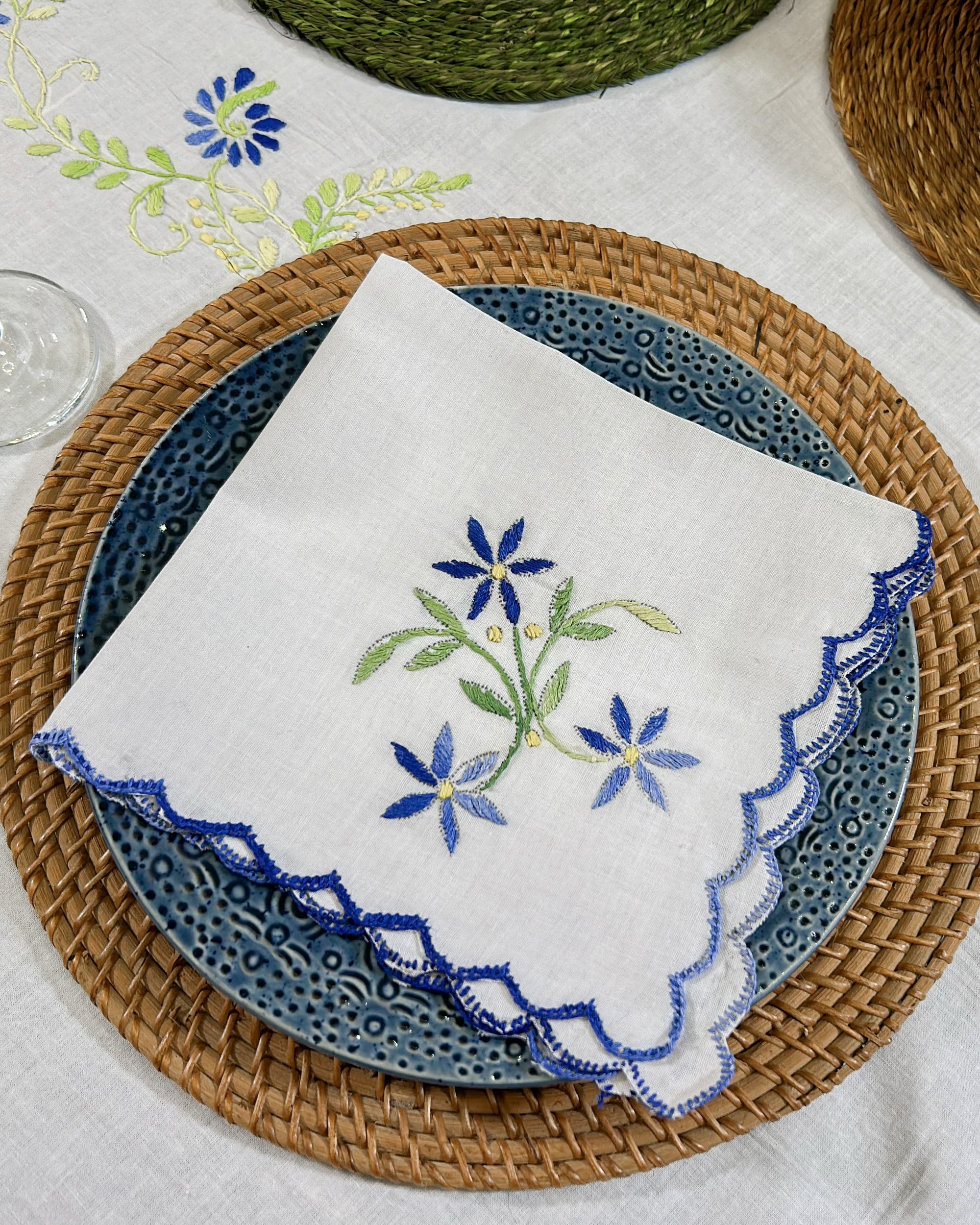 Hand Embroidered Linen Napkins - Set of 6 - Green