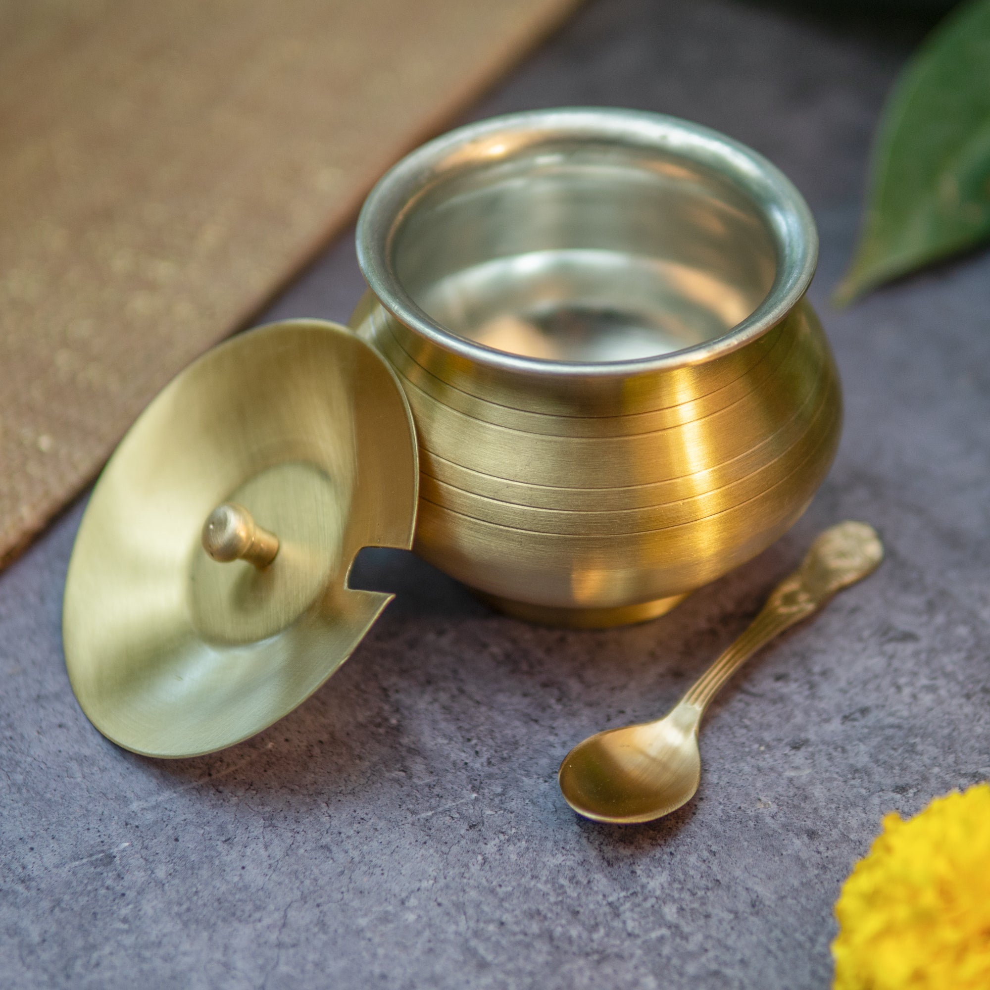 Pure Brass Ghee Pot (Matte) With Spoon - Gold Finish 350 ml