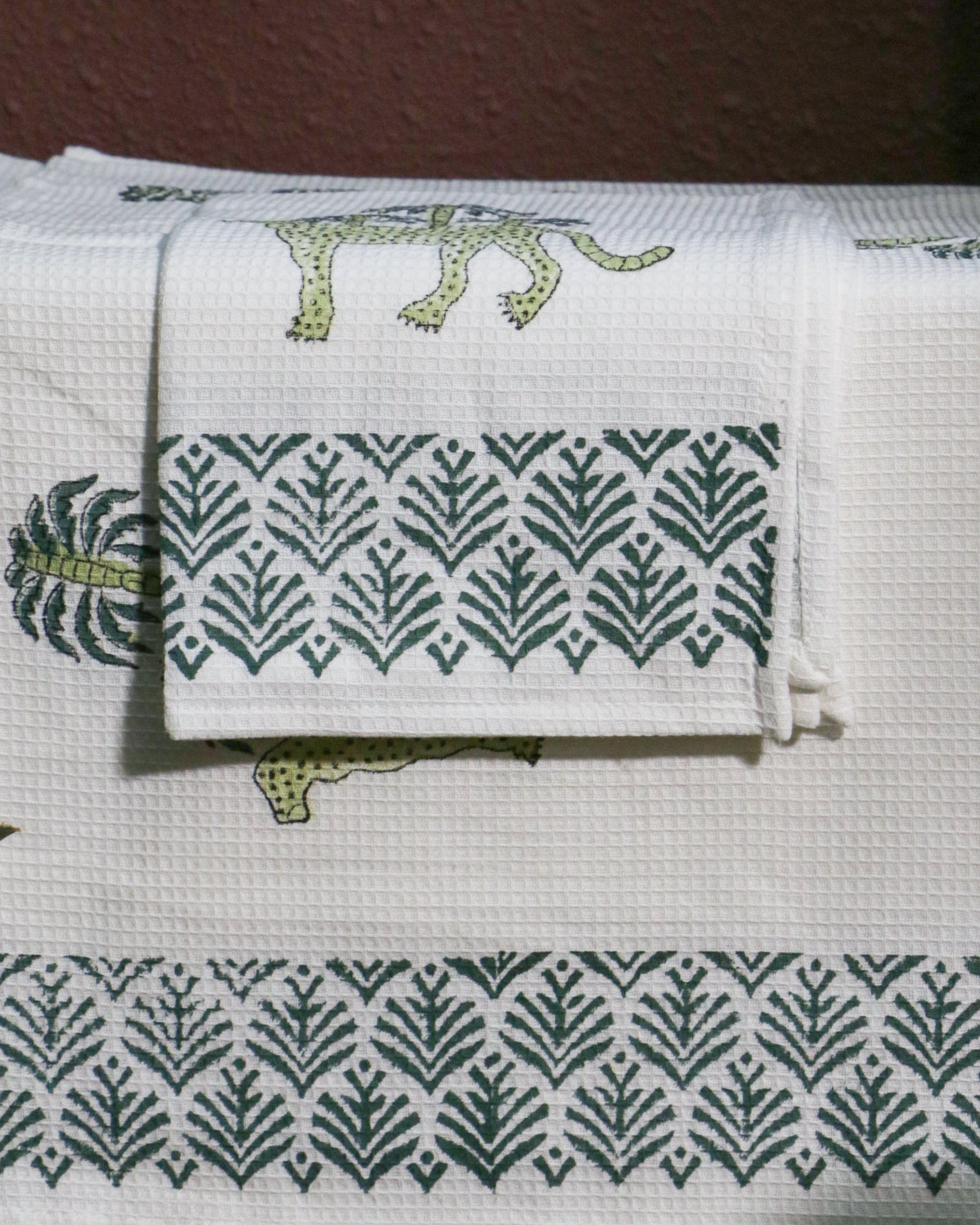 Hand Block Printed Waffle Cotton Towel Set (1 Bath+2 Hand Towels) - Cheetah