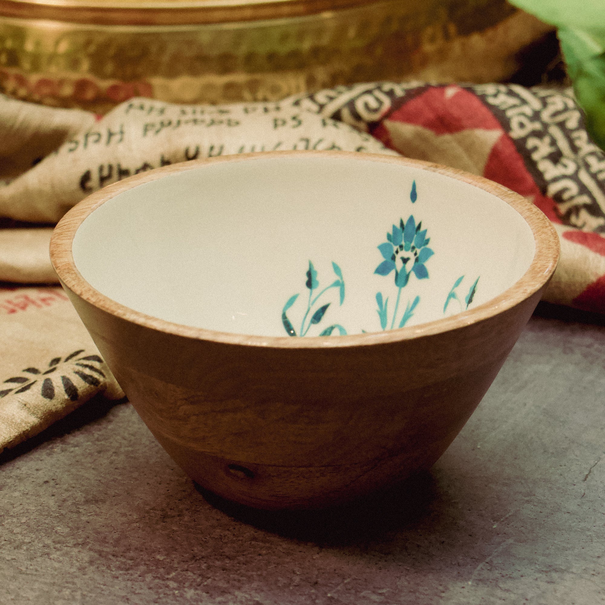 Handmade Floral Blue Wooden Bowl