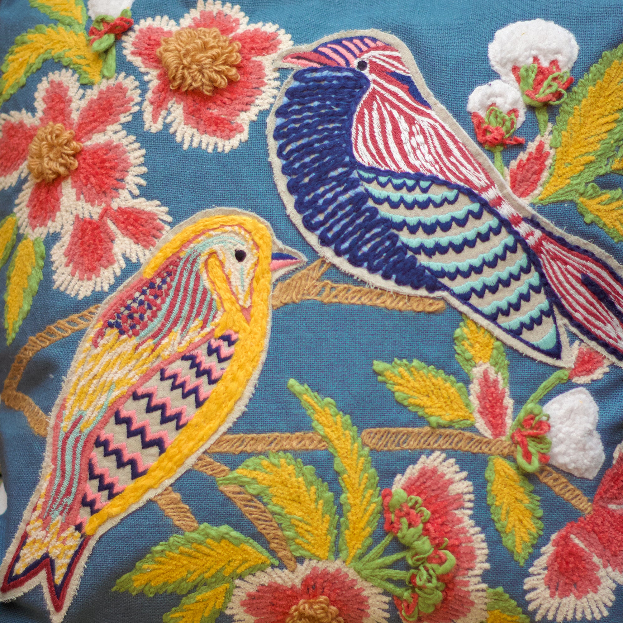 Hand-Embroidered Bird Cushion Cover - set of 2 - 16 X 16 inches